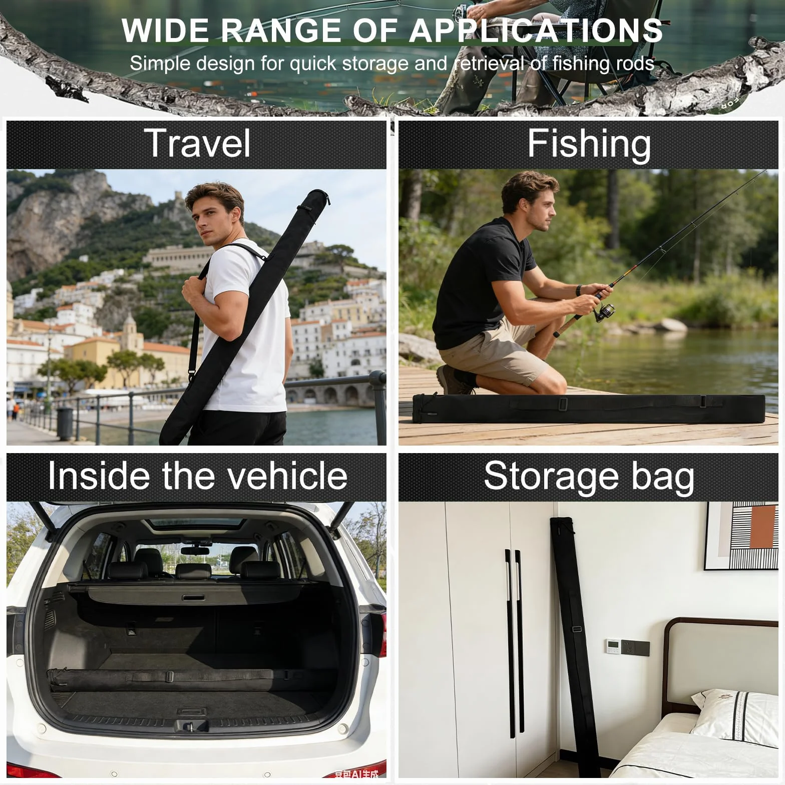 Porta Canne da Pesca in Tela, Borsa da Pesca 130x13cm per 2-3 Canne, Sacca Porta Canne da Pesca Pieghevole con Tracolla Regolabile, Nero