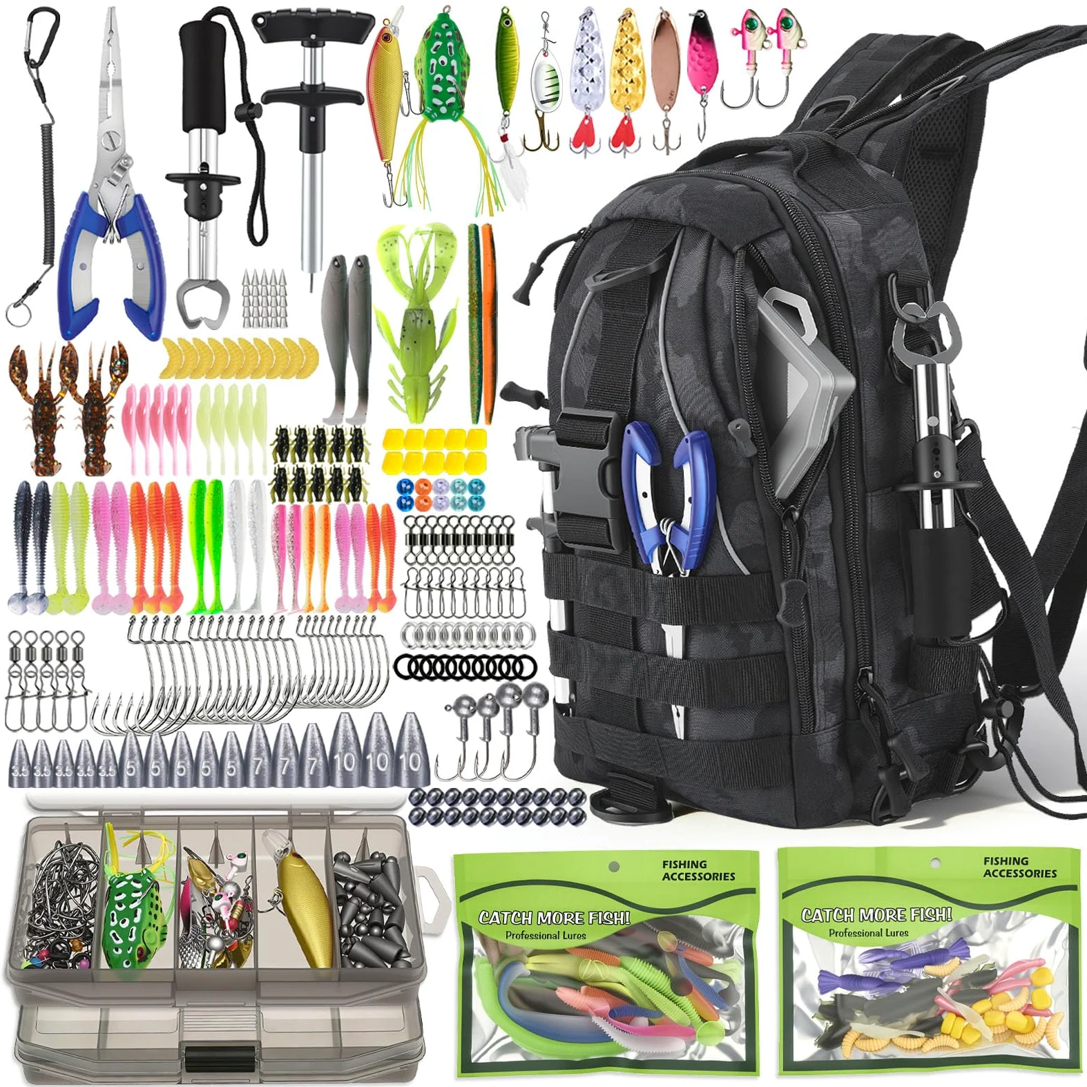 Set di 208 sacchi da pesca, zaino da pesca impermeabile con scatole, set di esche da pesca, borsa da pesca con pinze, rimozione ami e labbra, per acqua dolce salata
