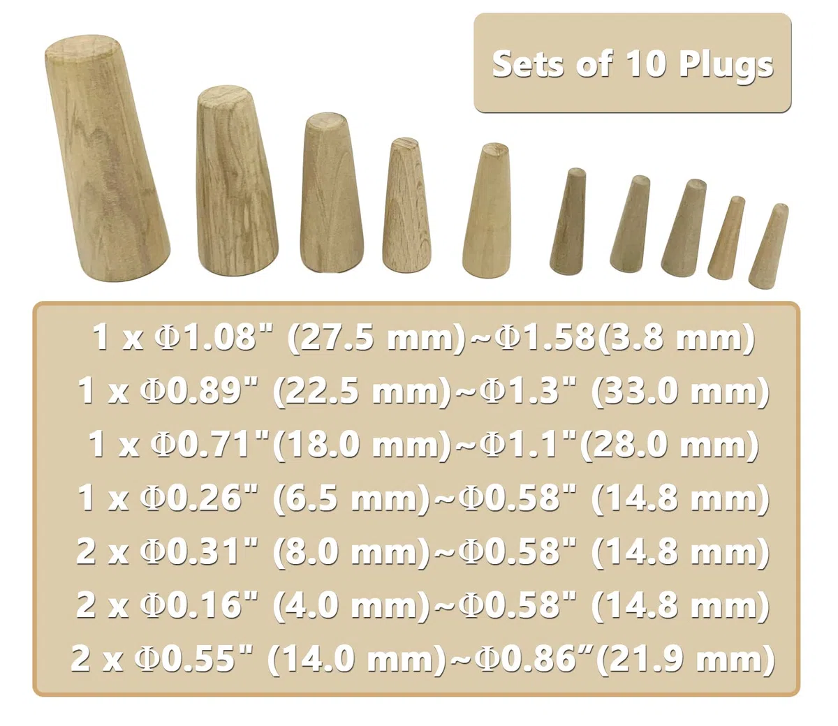 Tappi Conici in Legno per Barca, Set 10 Pezzi, Tappi di Emergenza per Perdite Scafo, Tappi Conici Assortiti per Tubi e Valvole, Legno Morbido ad Espansione Rapida (1/5''–1 3/5'')