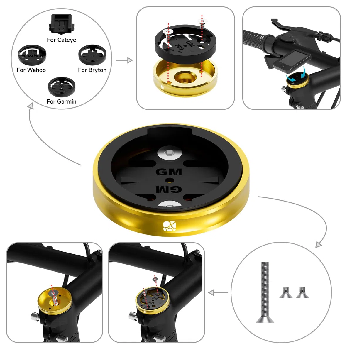 Bike Stem Top Cap Computer Mount per Garmin Edge Explore, leggera lega di alluminio per bicicletta GPS Computer Supporti Combo compatibile con Bryton, Wahoo e Cateye Giallo