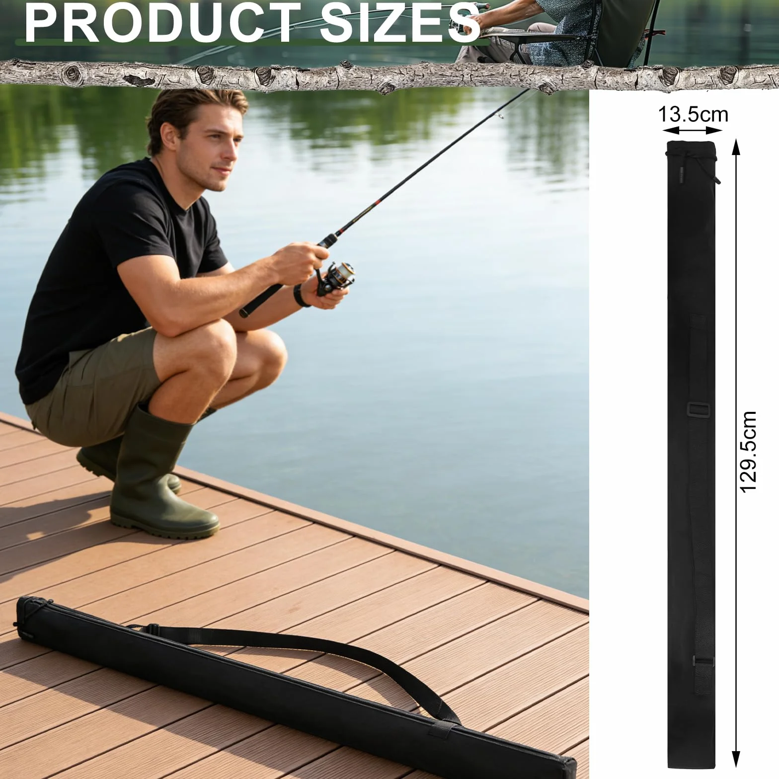 Porta Canne da Pesca in Tela, Borsa da Pesca 130x13cm per 2-3 Canne, Sacca Porta Canne da Pesca Pieghevole con Tracolla Regolabile, Nero