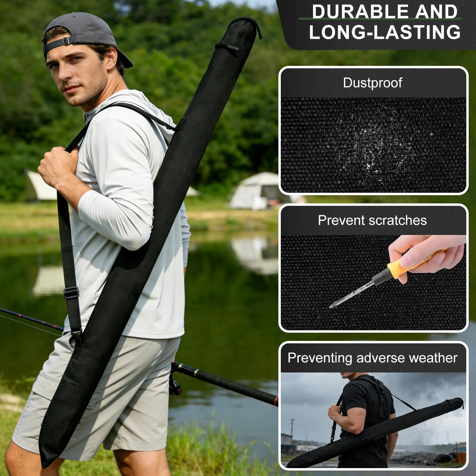 Porta Canne da Pesca in Tela, Borsa da Pesca 130x13cm per 2-3 Canne, Sacca Porta Canne da Pesca Pieghevole con Tracolla Regolabile, Nero