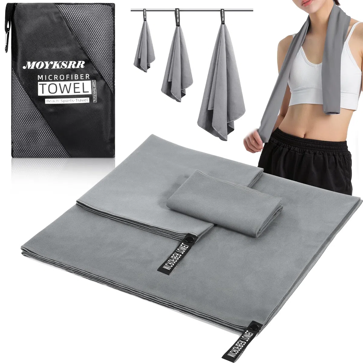 MOYKSRR Asciugamano Microfibra, Asciugamano in Microfibra 3 Set | 180x80cm+100x50cm+70x40cm, Asciugamani Palestra, Asciugamani in Asciugatura Rapida per Viaggi, Spiaggia, Yoga, Sauna(Grigio Scuro)