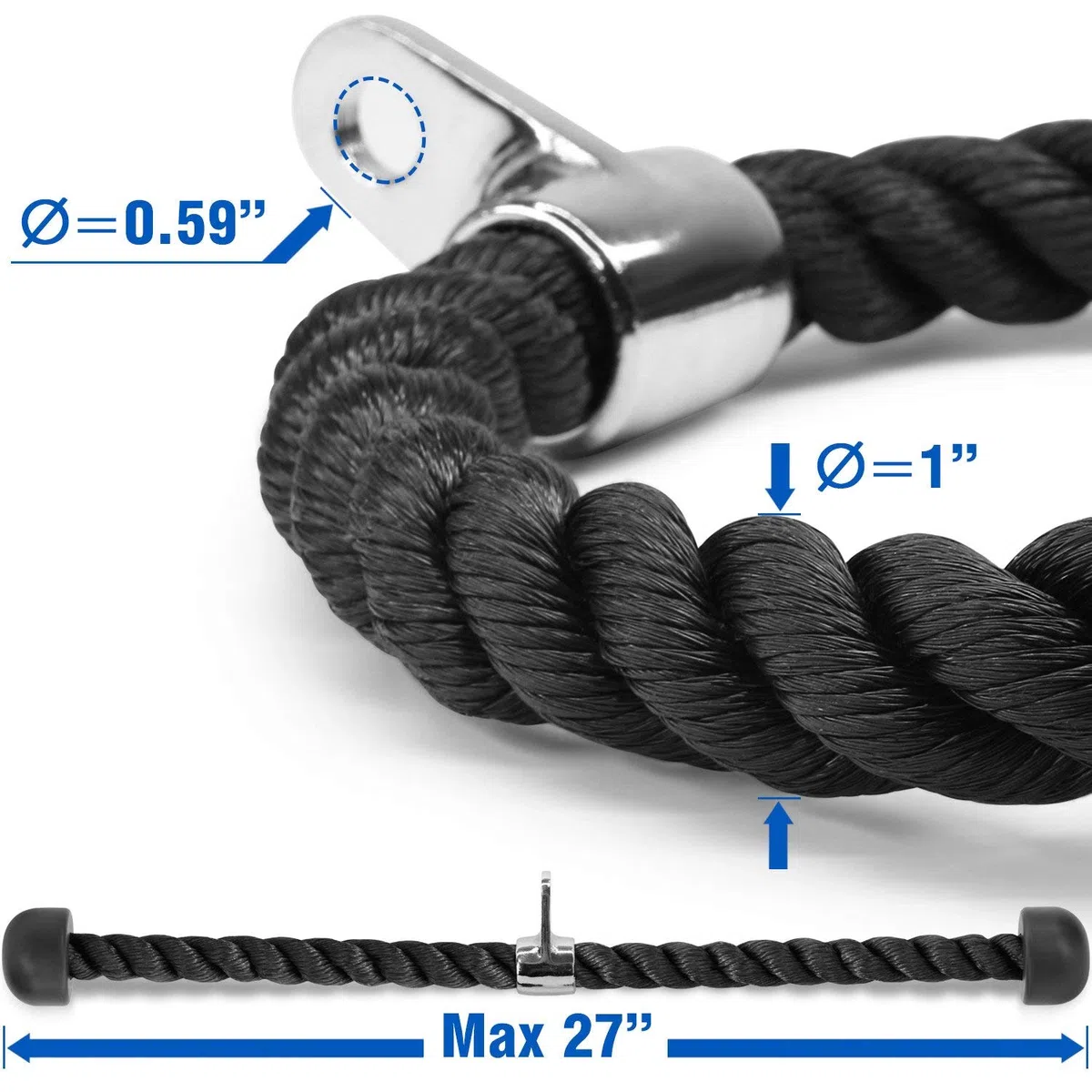 Deluxe Gym Tricep Ropes Lunghezza corda 27 pollici Heavy Duty Polipropilene Trecciap Corda Pull Down Double Grip (Nero)