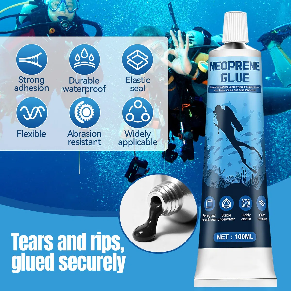 ALLONY Colla Neoprene per Muta, 100ML Colla Neoprene, Collas per Riparare Muta in Neoprenes, Flessibile Resistente, Adatto per Riparare Buchi e Strappi su Waders, Mute, Nero