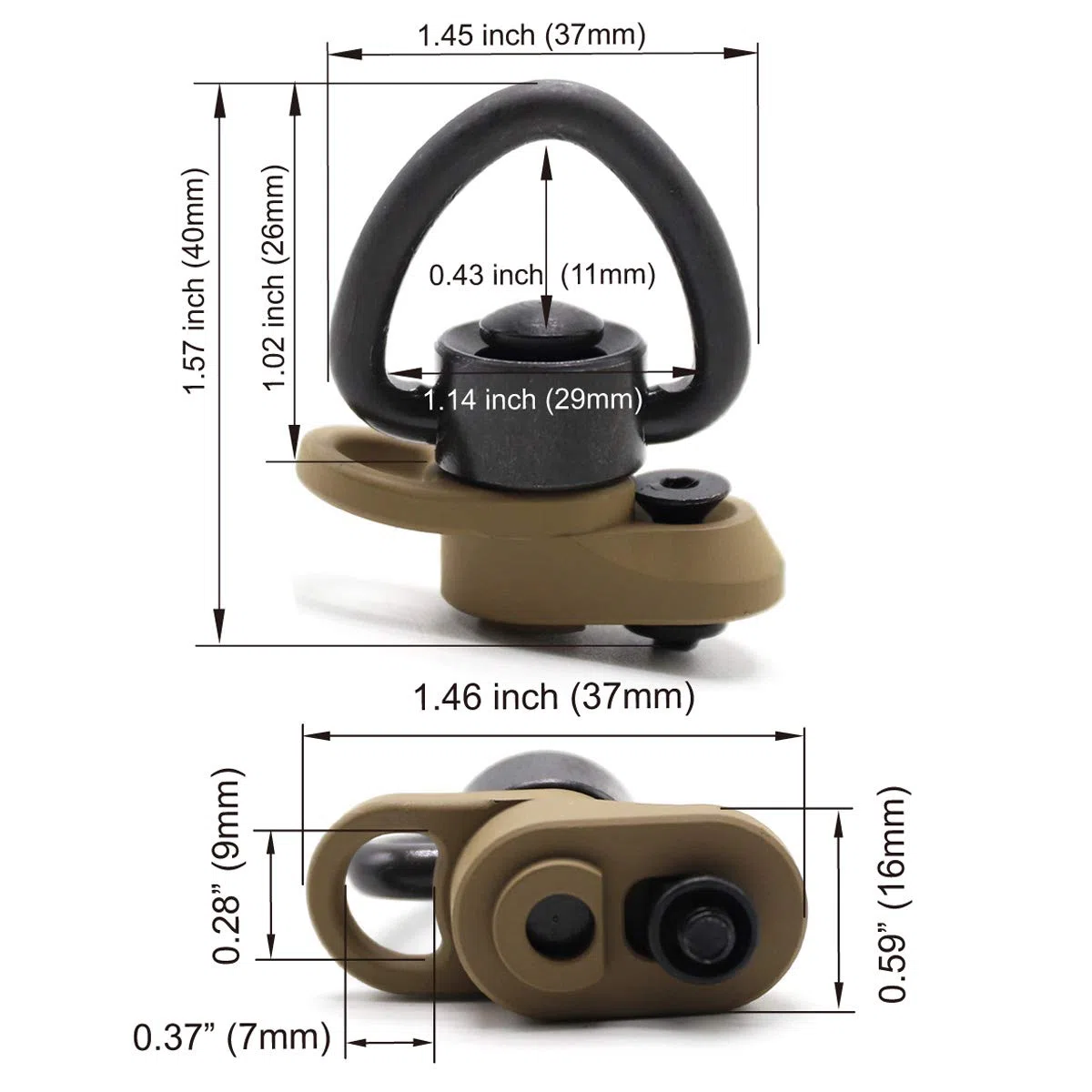 Trirock Keymod Sling Swivel Heart-shape loop with Push Button TAN/FDE QD base & Sling Mount with a Hole for Snap Clip Hook Spring