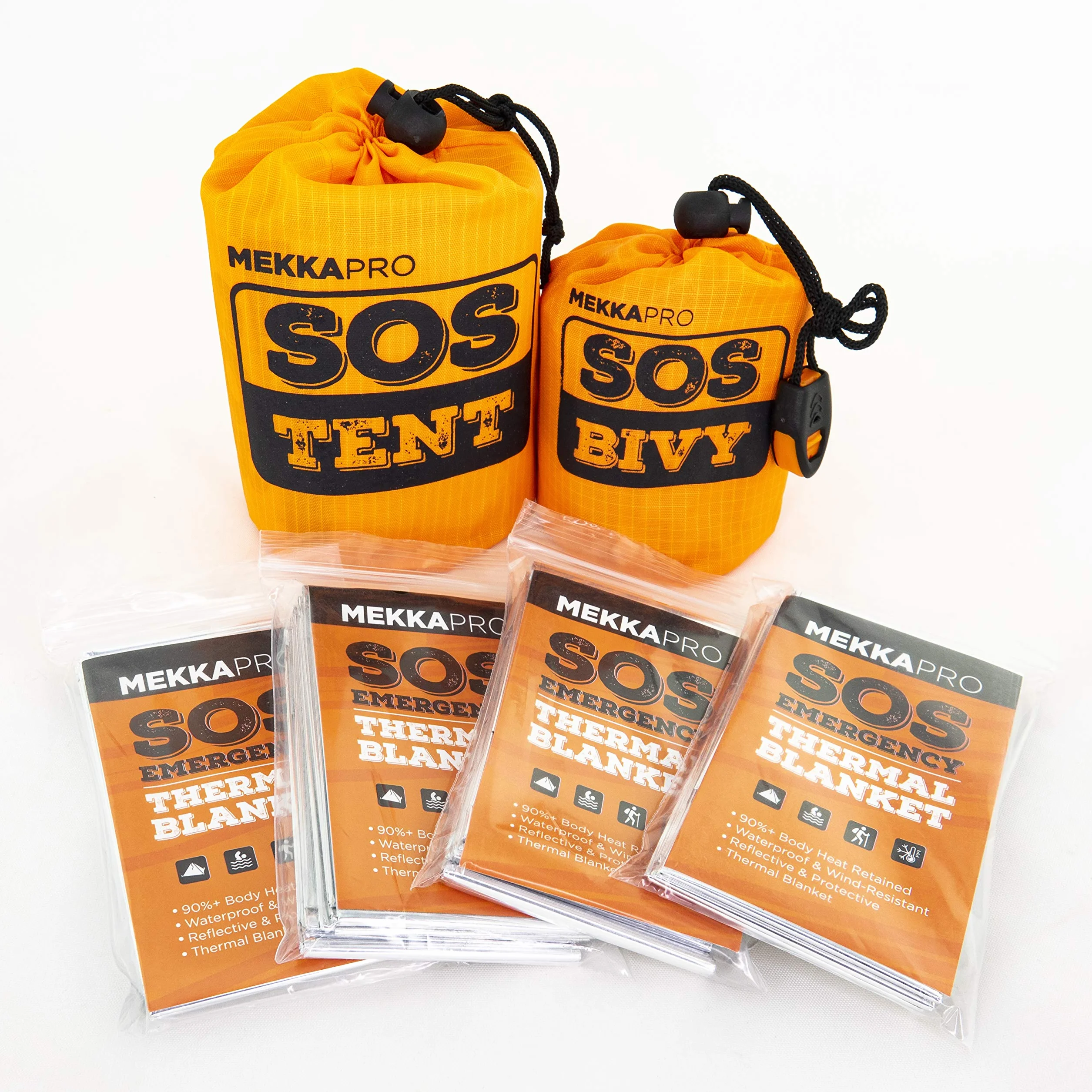 Coperta Termica Emergenza MEKKAPRO in Mylar Extra Spesso con Fischietto di Sopravvivenza – Sacco Bivacco Arancione per Survival Kit