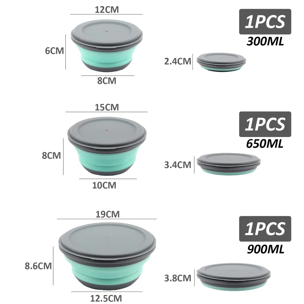 MEMOFYND 3 ciotole pieghevoli in silicone, per la conservazione della freschezza, per insalata, da campeggio, rotonde, con coperchio, per casa, cucina, campeggio (verde)