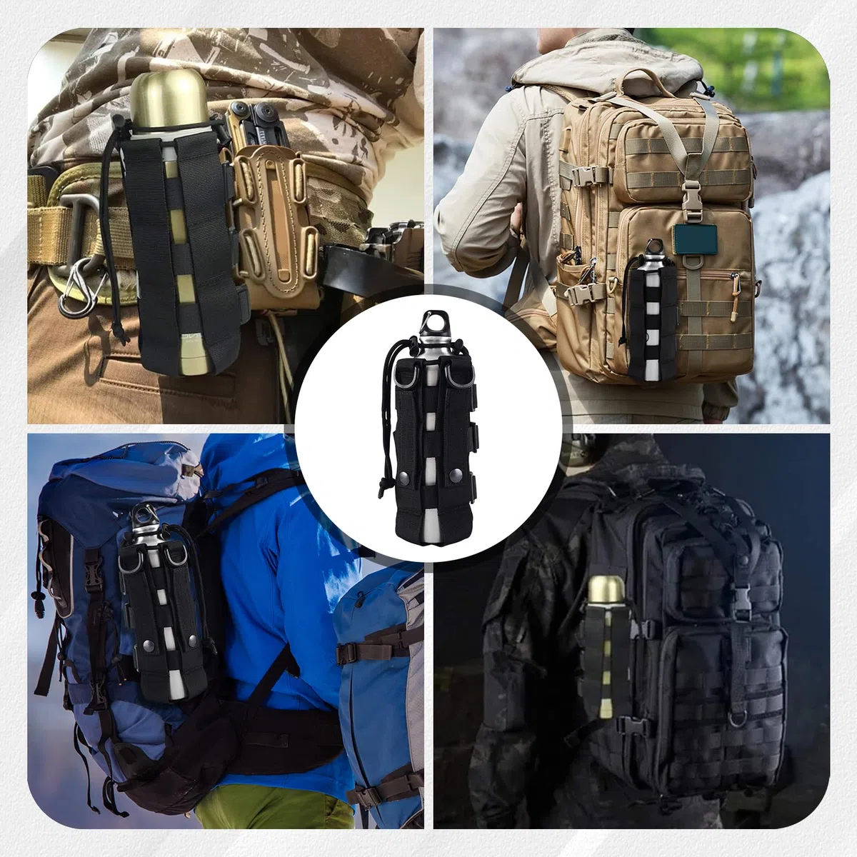 Colexy Portaborraccia Zaino,Regolabile Porta Borraccia Zaino,Nylon con Coulisse, Adatto per Escursioni All'Aria Aperta, Campeggio, Trekking (Nero)
