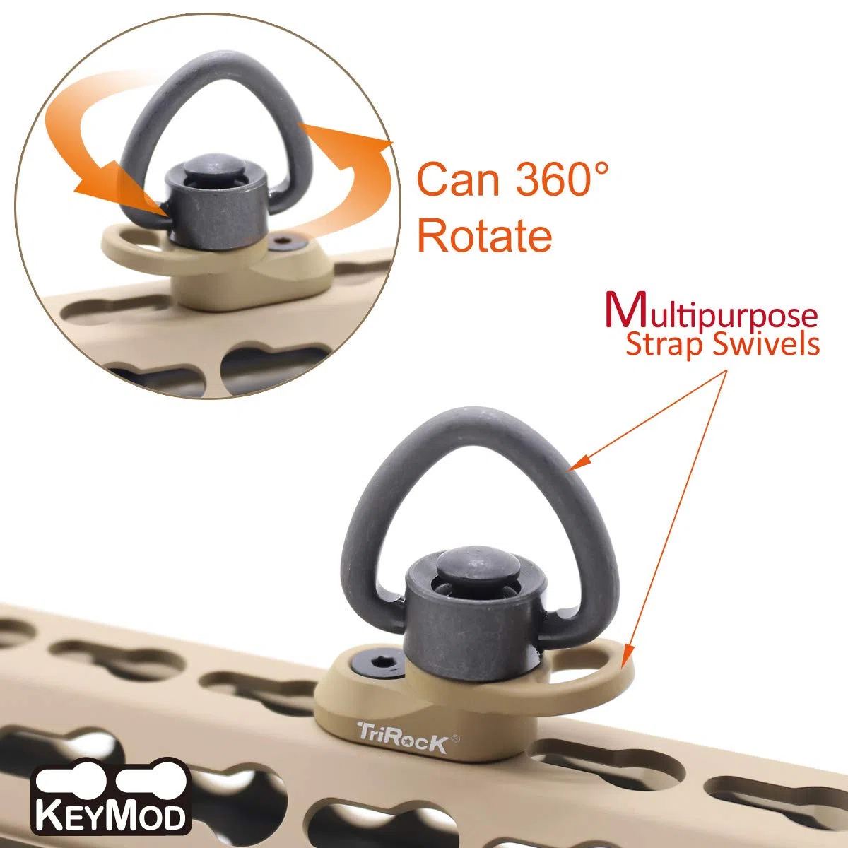 Trirock Keymod Sling Swivel Heart-shape loop with Push Button TAN/FDE QD base & Sling Mount with a Hole for Snap Clip Hook Spring