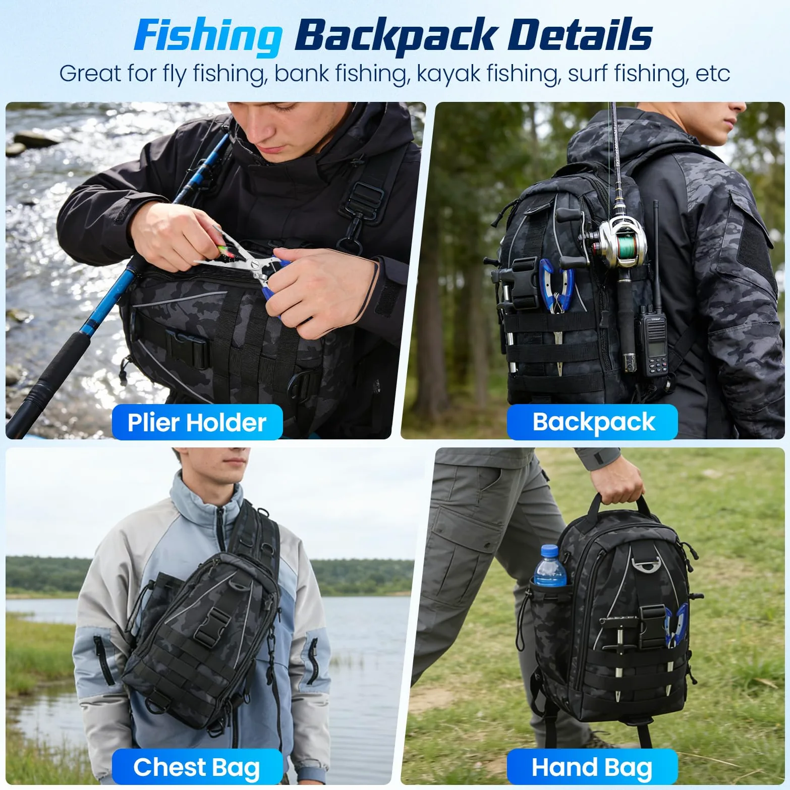 Set di 208 sacchi da pesca, zaino da pesca impermeabile con scatole, set di esche da pesca, borsa da pesca con pinze, rimozione ami e labbra, per acqua dolce salata