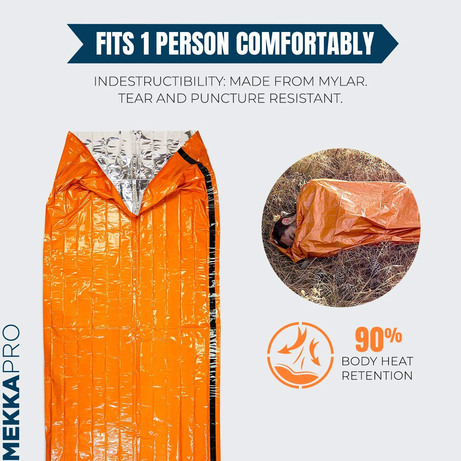 Coperta Termica Emergenza MEKKAPRO in Mylar Extra Spesso con Fischietto di Sopravvivenza – Sacco Bivacco Arancione per Survival Kit