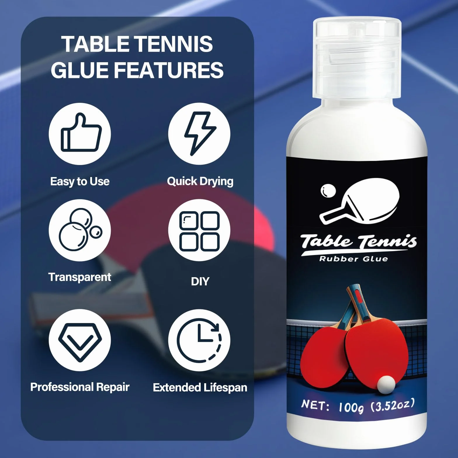 100ml Table Tennis Glue, Adatta Per l'assemblaggio di Racchette Table Tennis con Design in Spugna Elastica, Quattro Spazzole in Spugna Per una Facile Sostituzione Della Gomma Della Racchetta