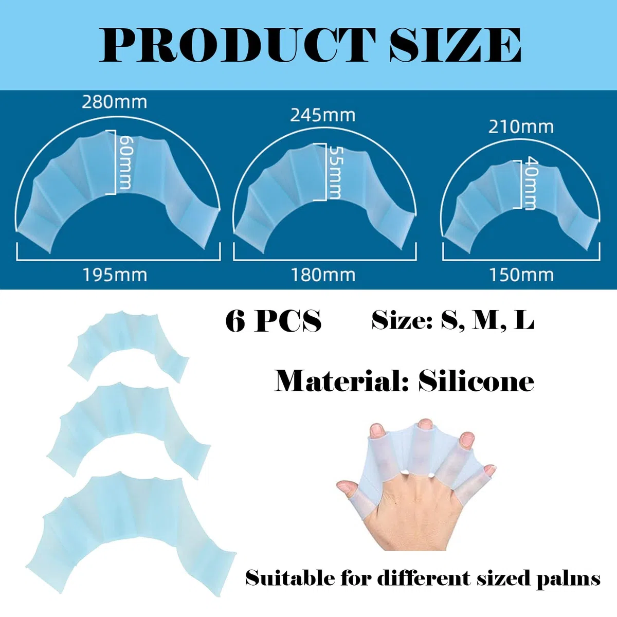 6 Paio Guanti da Allenamento per il Nuoto, Silicone Nuoto Fettucciato, Pinne per le Mani, Guanti Acquatici, Dita da Allenamento, Pinne da Nuoto Subacquee, per Bambini Donna Uomo (S/M/L, Blu)