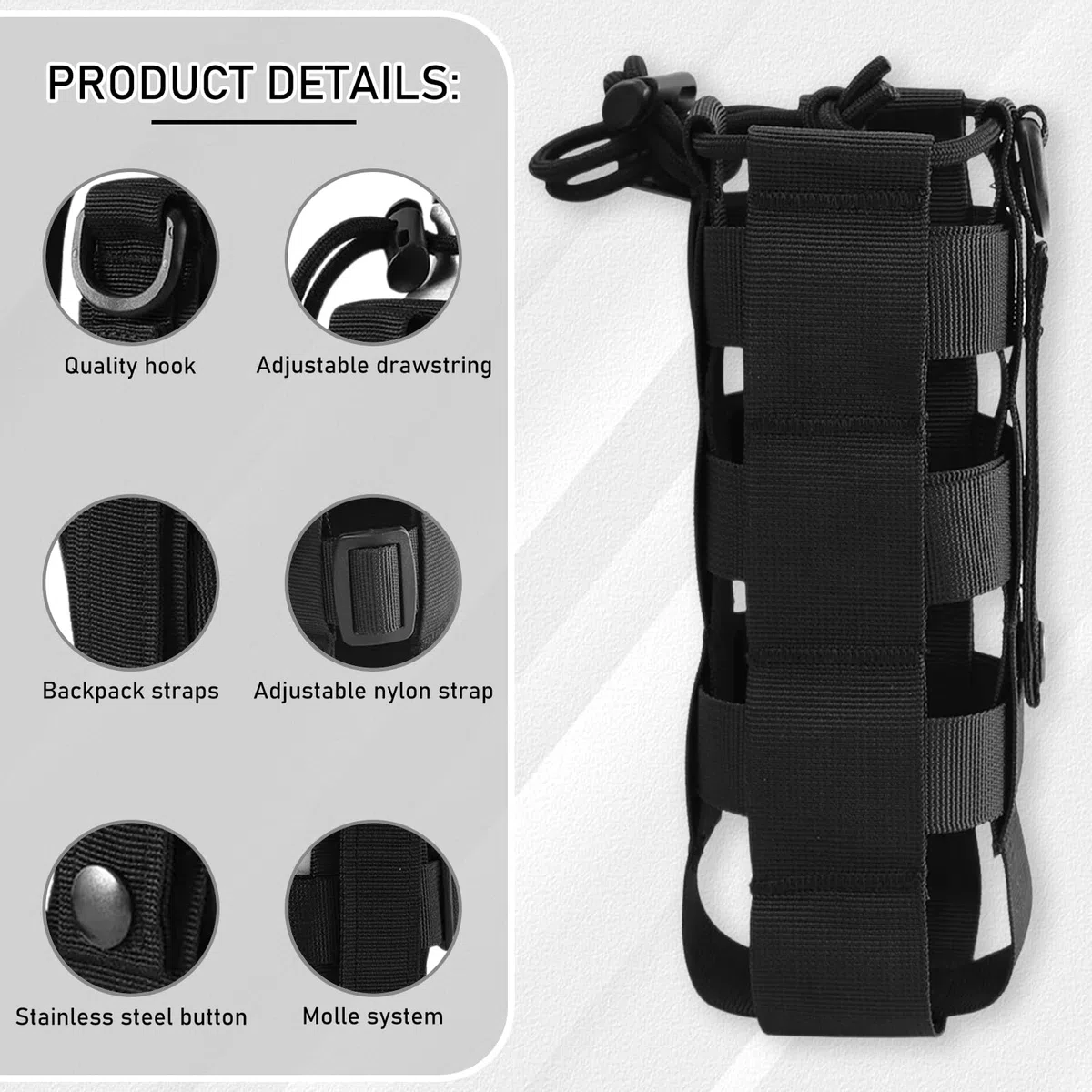 Colexy Portaborraccia Zaino,Regolabile Porta Borraccia Zaino,Nylon con Coulisse, Adatto per Escursioni All'Aria Aperta, Campeggio, Trekking (Nero)