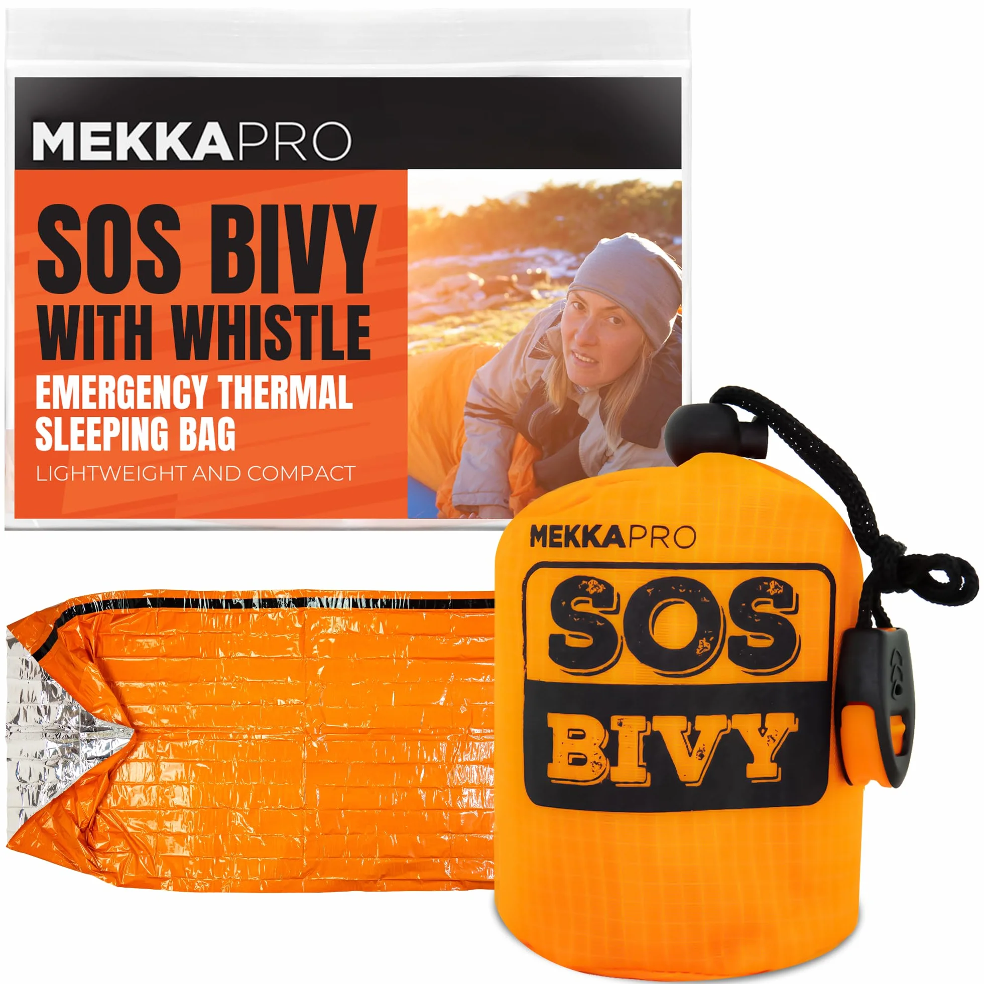 Coperta Termica Emergenza MEKKAPRO in Mylar Extra Spesso con Fischietto di Sopravvivenza – Sacco Bivacco Arancione per Survival Kit