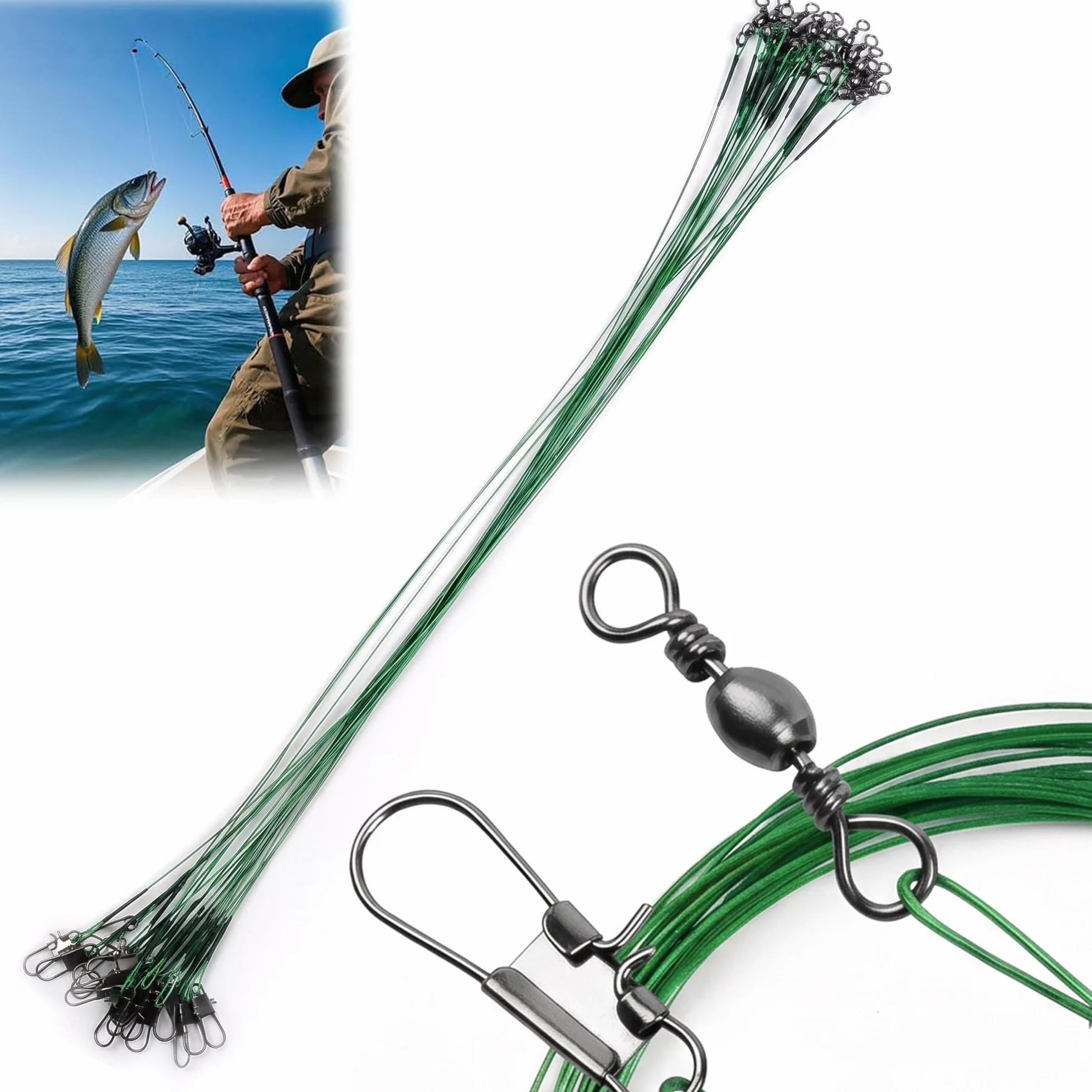 KIMHOME Ami da pesca verdi da 20 cm con terminale (test 22,7 kg), confezione da 20 pezzi, filo resistente anti-morso, in acciaio al carbonio resistente alla corrosione, affilato per luccio, pesce