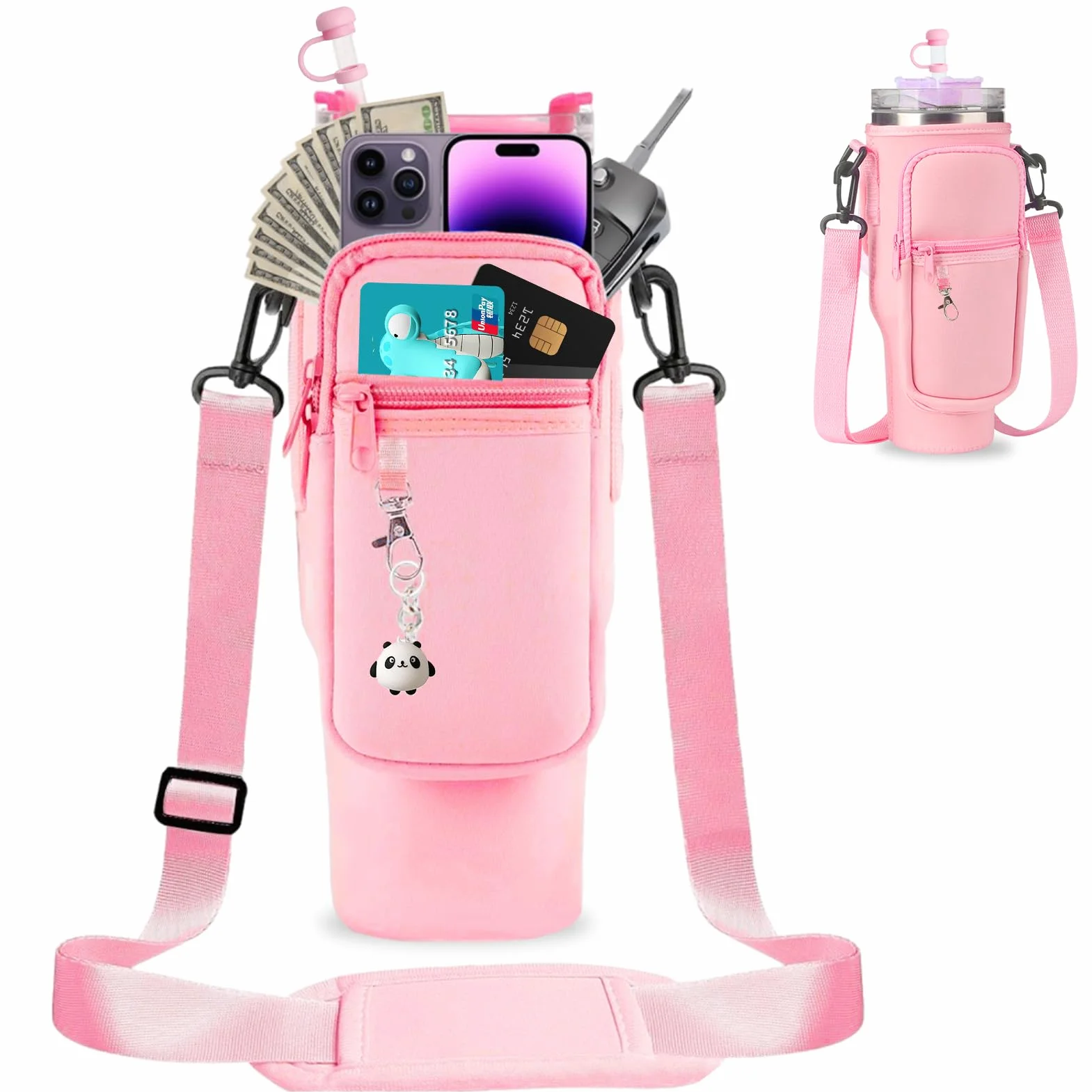 Borsa porta bottiglie d'acqua a tracolla con cinghia regolabile rosa