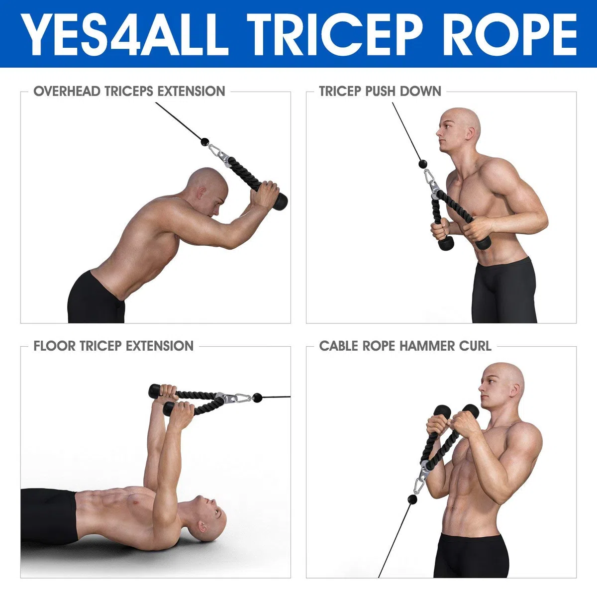 Deluxe Gym Tricep Ropes Lunghezza corda 27 pollici Heavy Duty Polipropilene Trecciap Corda Pull Down Double Grip (Nero)