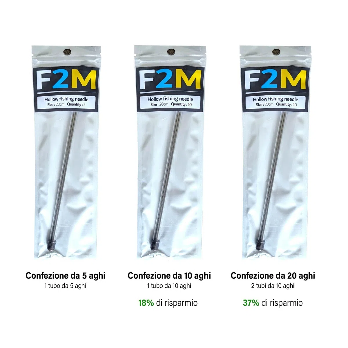 F2M - Scatola di 5 aghi da pesca cavi per escher verso sardine crostacei molluschi - confezioni di aghi da locher + rulli filo da legatura - Lotti aghi + legatura esche - Pesca mare acqua dolce