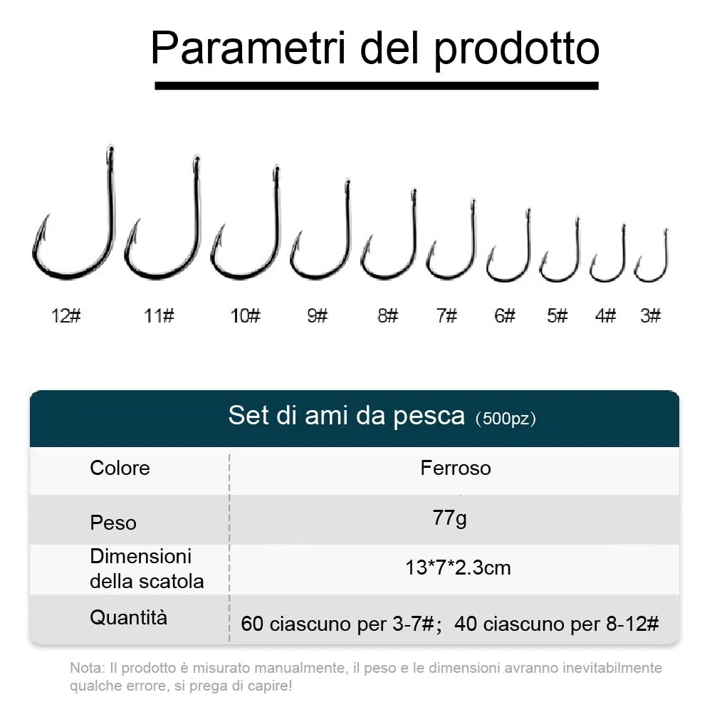 500 Pezzi Ami da Pesca, Ami da Pesca in Acciaio al Carbonio con Scatola di Plastica, 10 Dimensioni Amo Pesca Spinato Ganci a Occhiello Adatto per la Pesca in Lago, in Fiume, in Mare