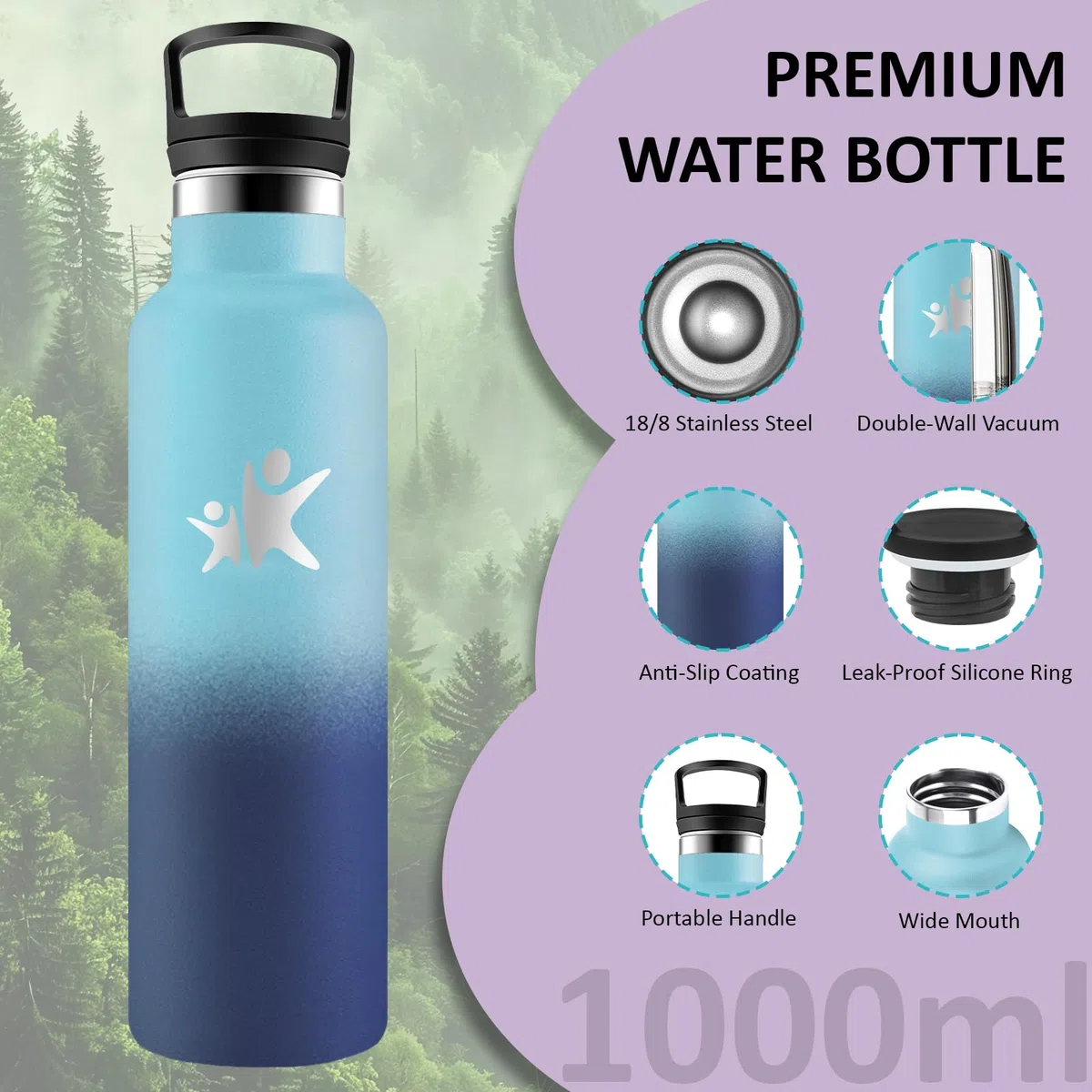 Borraccia Termica, Borraccia 1 litro, Senza BPA, Borracce con Cannuccia, Senza Perdite, Bottiglia Termica, Isolamento Sottovuoto, Borracce per Palestra, Lavoro, Trekking, Corsa, Pilates
