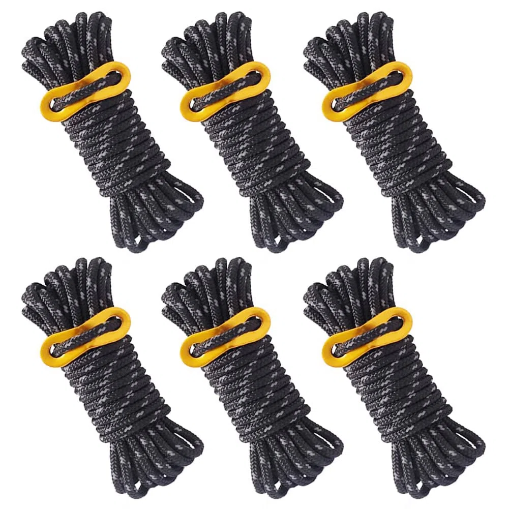 6 Pezzi Corda Tenda Riflettente Corda Tenda Campeggio 4m x 5mm Corda Tiranti Tende Corda Tenda Nera con Tenditore Regolabile per Tenda da Campeggio all'aperto