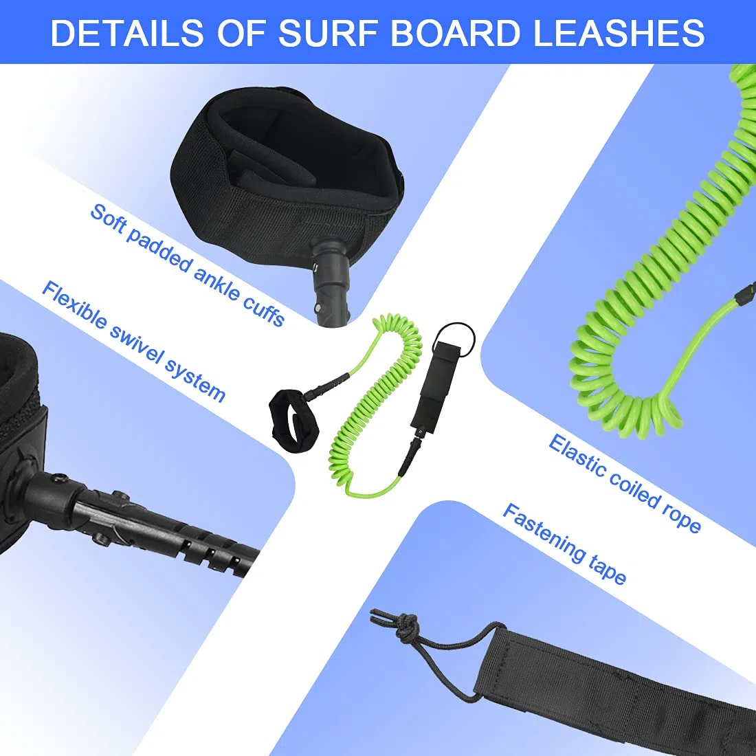 Guinzaglio per Tavola da Surf con Borsa Impermeabile del Telefono 10ft 7mm SUP Leash di Sicurezza da Surf Tavola da Surf Leash SUP Accessori per Stand Up Paddle Board Surfboard Kayak, Verde