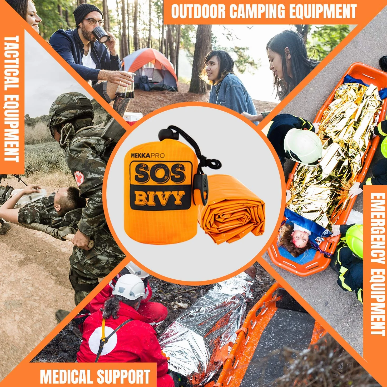 Coperta Termica Emergenza MEKKAPRO in Mylar Extra Spesso con Fischietto di Sopravvivenza – Sacco Bivacco Arancione per Survival Kit