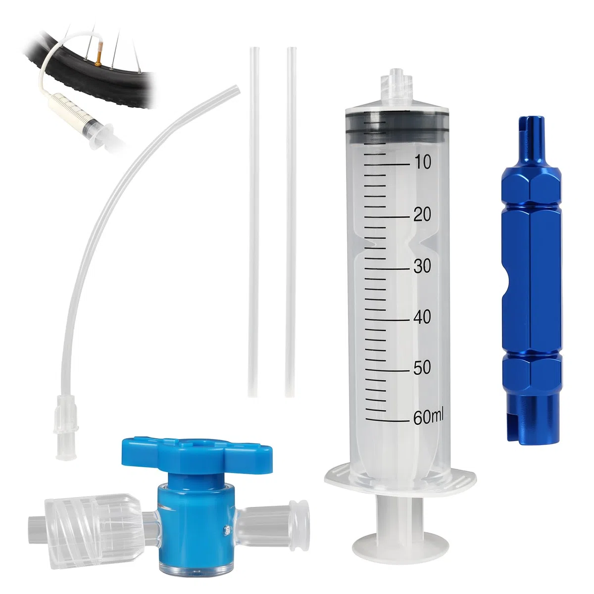 Kit di Riparazione Pneumatici per Bici Senza Camera d'Aria, Siringa da 60ml Strumento di Rimozione Valvola Presta, Iniettore di Sigillante Tubeless, Compatibile per Valvole Schrader e Presta