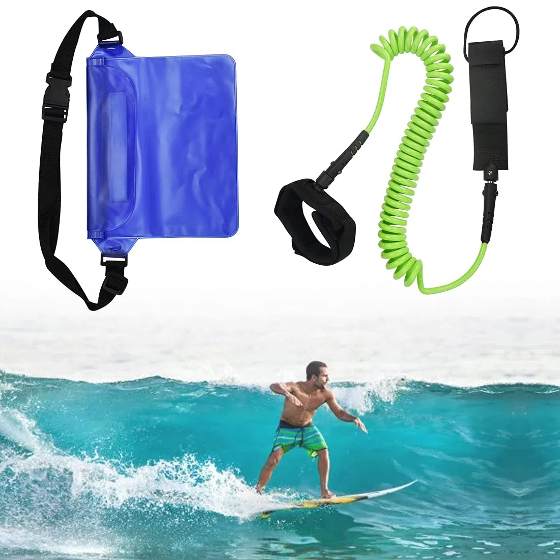 Guinzaglio per Tavola da Surf con Borsa Impermeabile del Telefono 10ft 7mm SUP Leash di Sicurezza da Surf Tavola da Surf Leash SUP Accessori per Stand Up Paddle Board Surfboard Kayak, Verde