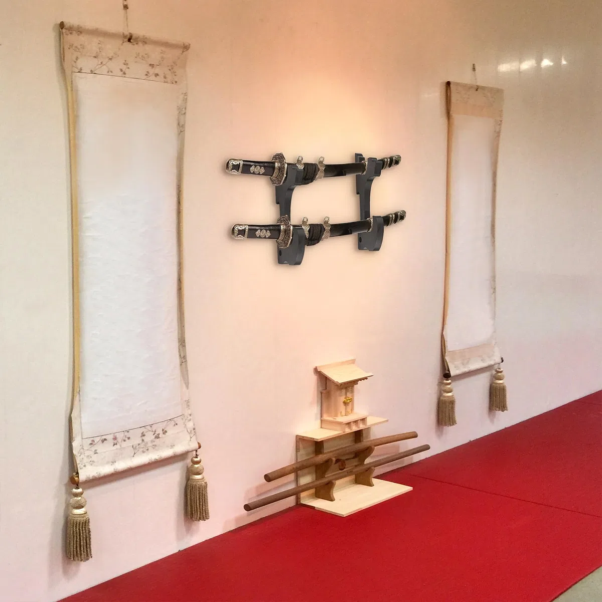 Set di 2 Porta Katana da Muro Ganci da Parete 2-Tier Supporto Spada Muro in Legno Regolabile Supporti Espositore per Spada Samurai Katana Wakizashi Slayer Weapon Rack (Nero)