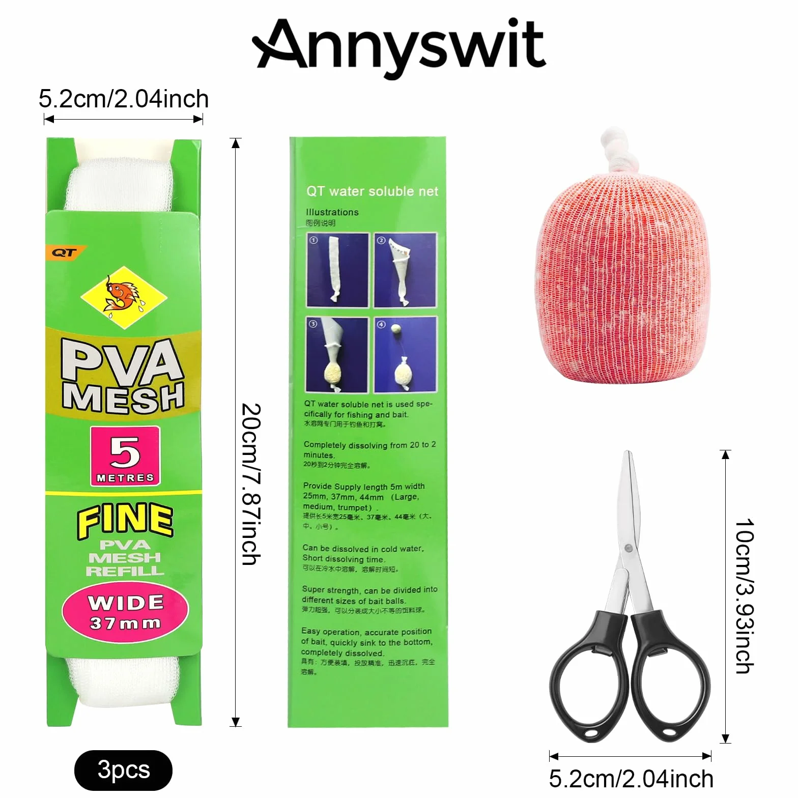 3 Pz 5m Pva Mesh Ricarica con Forbici 25/37 mm Ampie Borse in Pva Accessori per la Pesca Alla Carpa Sacchetti di Rete Solubili in Acqua Pva a Rapida Dissoluzione per l'Alimentazione Precisa