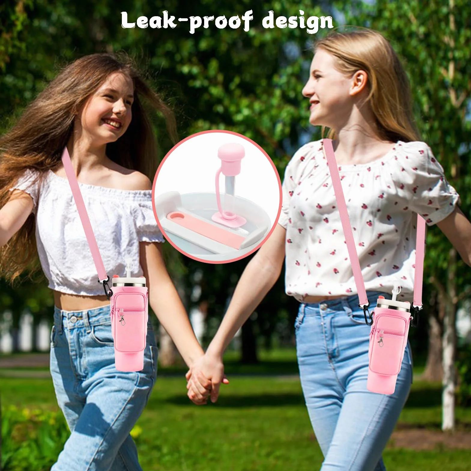 Borsa porta bottiglie d'acqua a tracolla con cinghia regolabile rosa