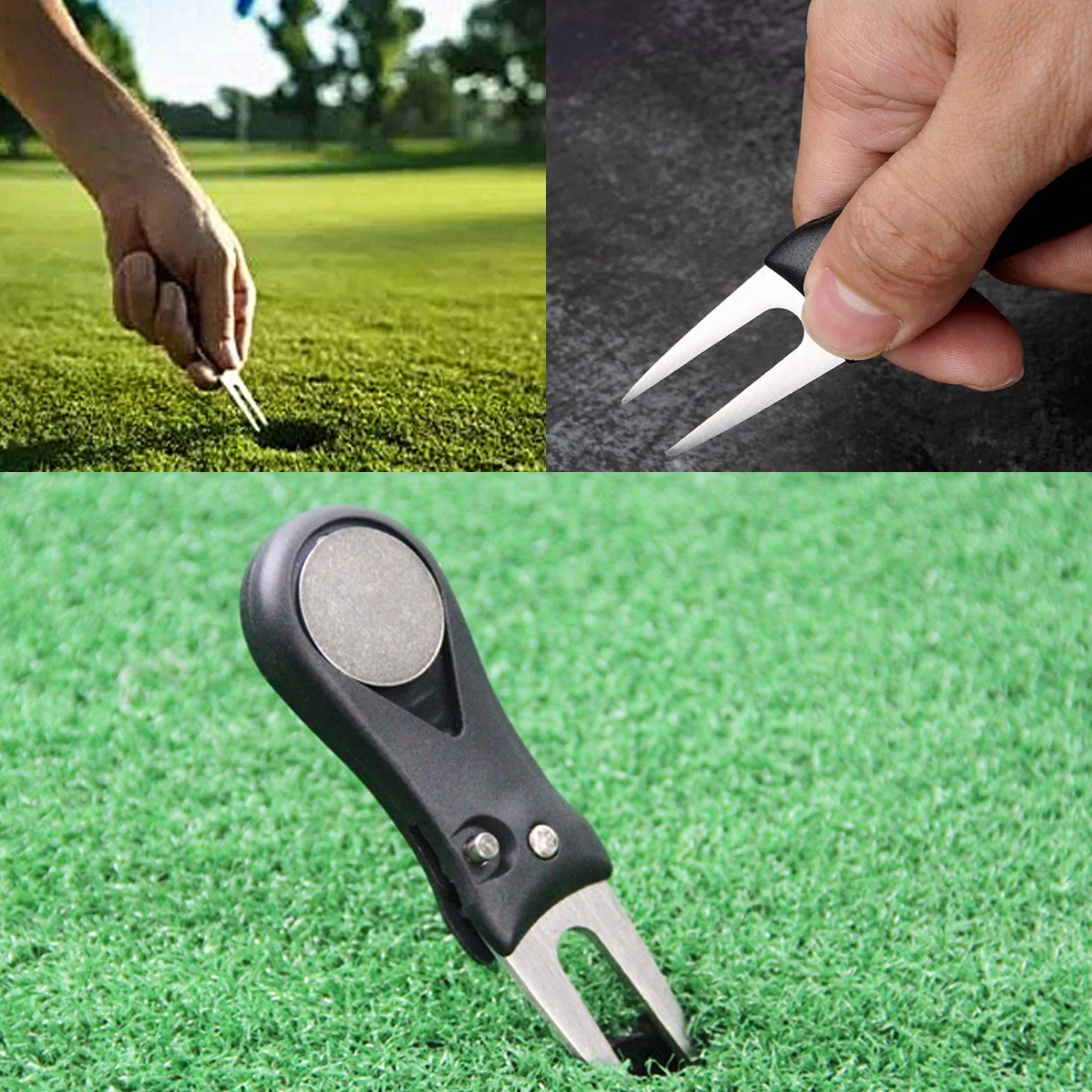 Wohlstand 2 Pz Forcelle da Golf,Strumento di Riparazione Divot da Golf,Forchetta Golf in Acciaio Inossidabile con Marcatore di Palline Magnetico,Pieghevole Forchetta da Golf per Riparazione Golfista