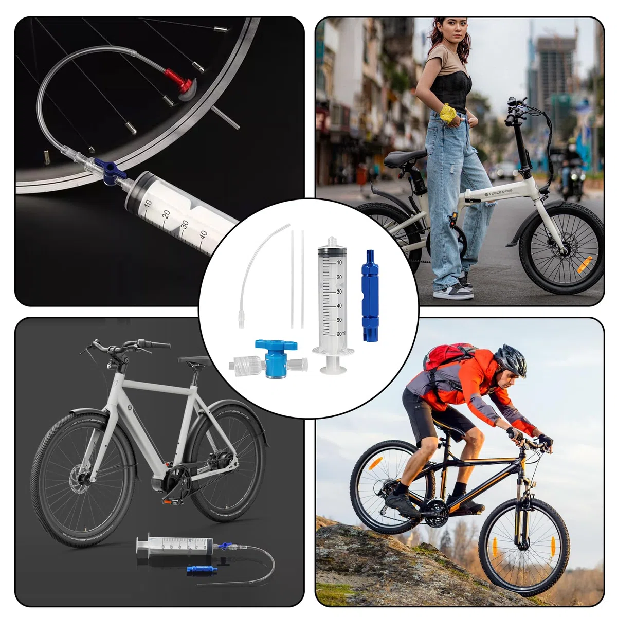 Kit di Riparazione Pneumatici per Bici Senza Camera d'Aria, Siringa da 60ml Strumento di Rimozione Valvola Presta, Iniettore di Sigillante Tubeless, Compatibile per Valvole Schrader e Presta