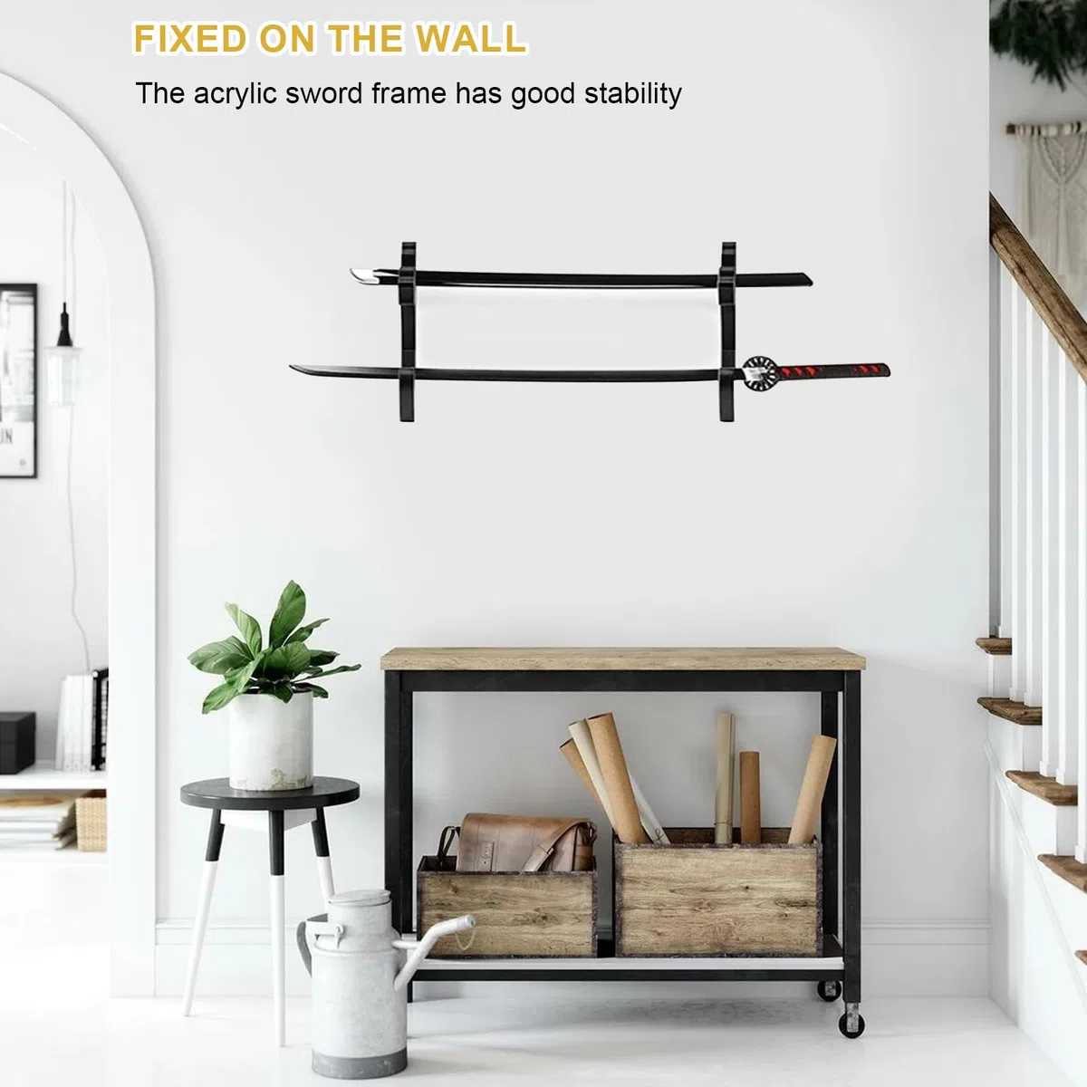 Set di 2 Porta Katana da Muro Ganci da Parete 2-Tier Supporto Spada Muro in Legno Regolabile Supporti Espositore per Spada Samurai Katana Wakizashi Slayer Weapon Rack (Nero)