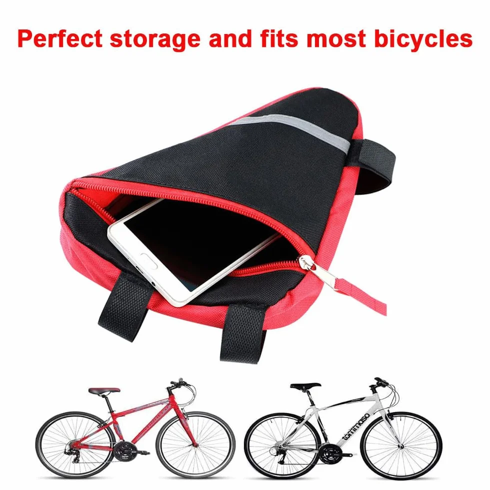 Borsa Triangolare Bicicletta, Borsa Triangolo Telaio Anteriore Bici, Borsa Triangolare Impermeabile Nylon, con Striscia Riflettente (Rosso)