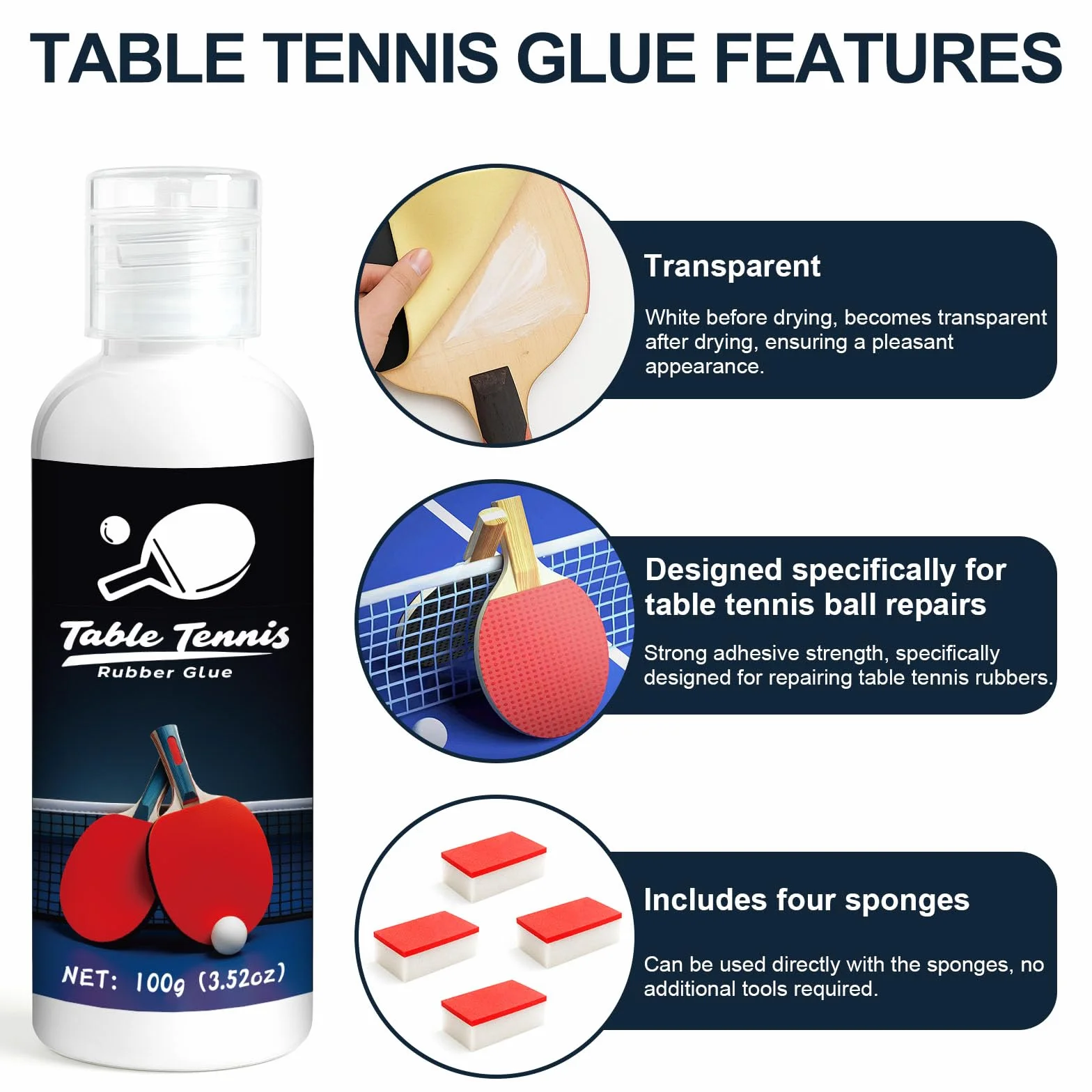 100ml Table Tennis Glue, Adatta Per l'assemblaggio di Racchette Table Tennis con Design in Spugna Elastica, Quattro Spazzole in Spugna Per una Facile Sostituzione Della Gomma Della Racchetta