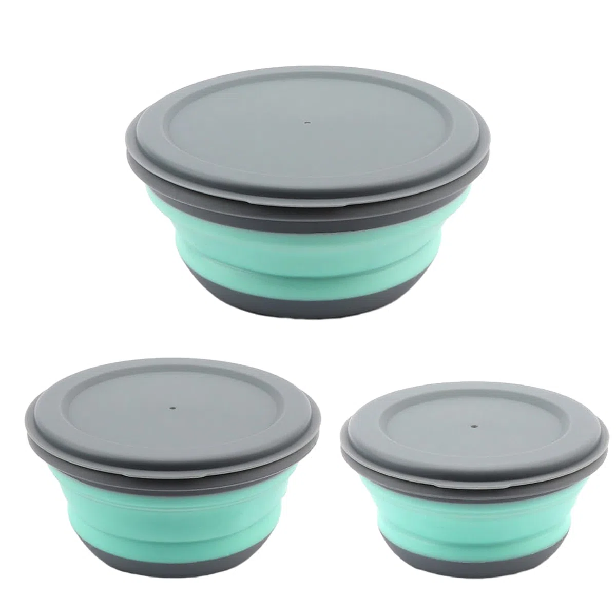 MEMOFYND 3 ciotole pieghevoli in silicone, per la conservazione della freschezza, per insalata, da campeggio, rotonde, con coperchio, per casa, cucina, campeggio (verde)
