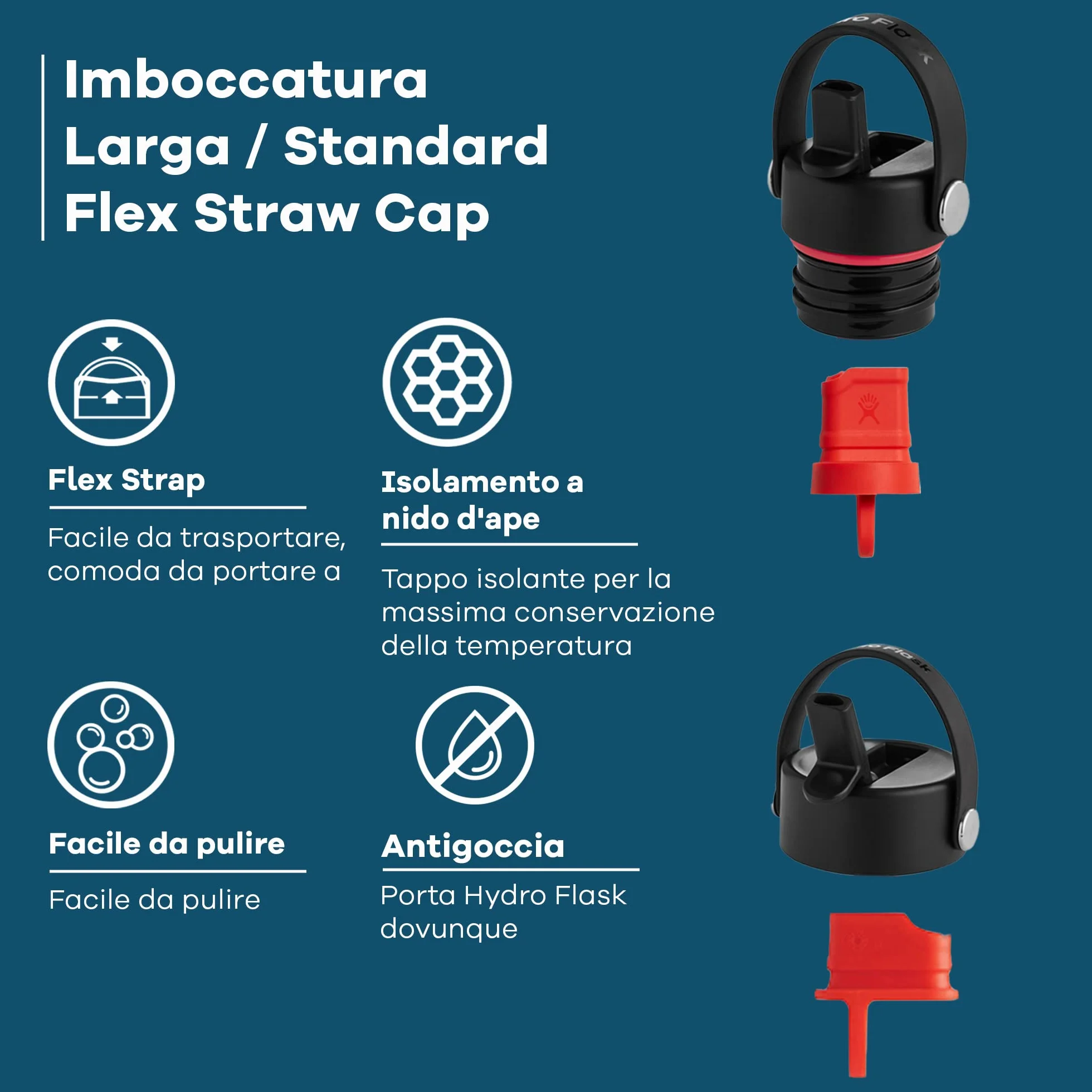 Hydro Flask Coperchio Flex Straw Cap Wide Mouth Ermetico Nido d'Ape Strap Trasporto Lavabile Lavastoviglie Black