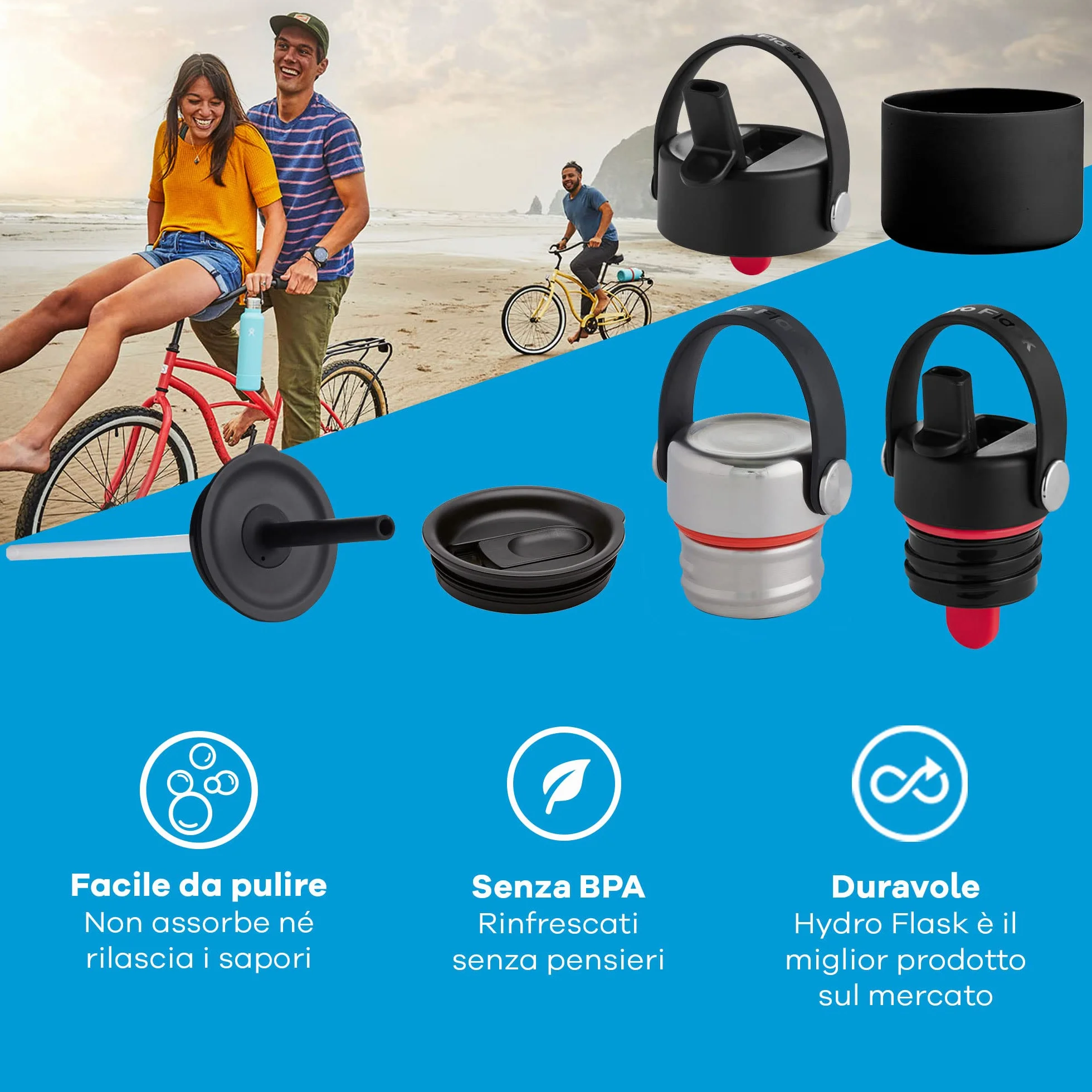 Hydro Flask Coperchio Flex Straw Cap Wide Mouth Ermetico Nido d'Ape Strap Trasporto Lavabile Lavastoviglie Black