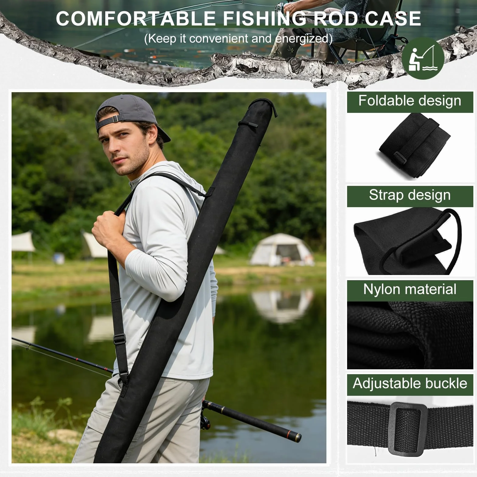 Porta Canne da Pesca in Tela, Borsa da Pesca 130x13cm per 2-3 Canne, Sacca Porta Canne da Pesca Pieghevole con Tracolla Regolabile, Nero