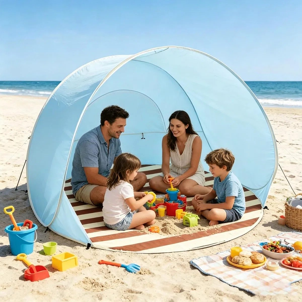 Tenda Da Spiaggia | Tenda Da Spiaggia Pop-up Con Protezione UV | Tende Parasole Portatile Pop-up Con Finestra Di Ventilazione E Custodia | Tende Parasole Da Esterno Ad Apertura Rapida (Blu)