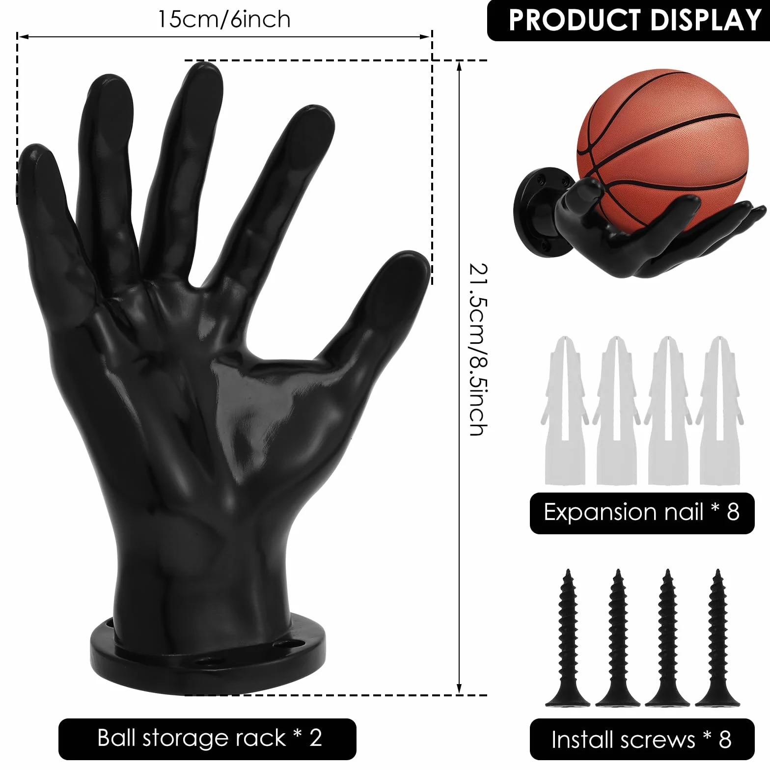 Supporto da parete a mano, 15 x 21,5 cm, ultra sicuro, stabile con 4 viti, 4 chiodi, supporto creativo per pallacanestro, pallavolo