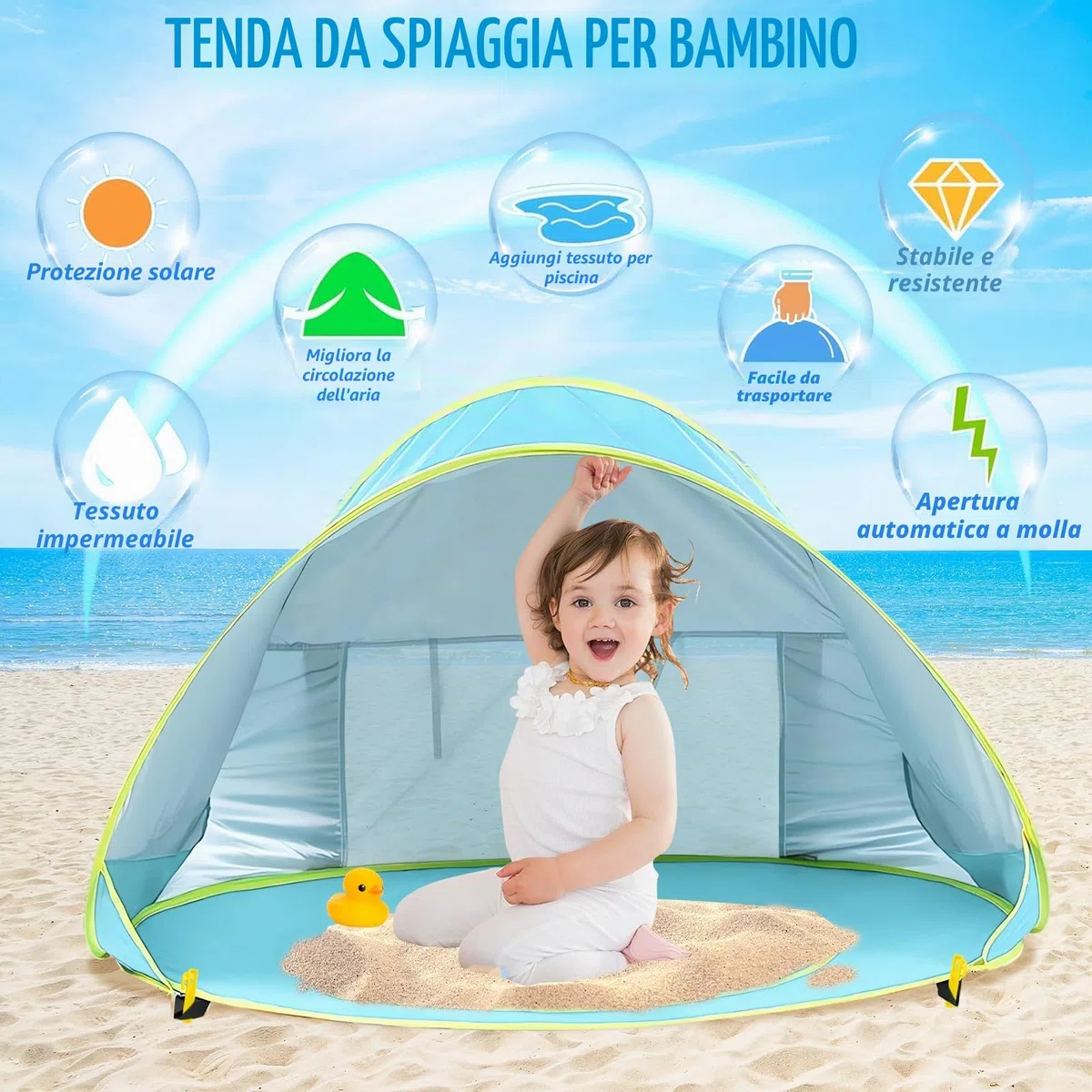 Tenda da Spiaggia Bambini, Tenda Istantanea Portatile, UPF 50+Tenda Spiaggia per 1-3 Persone, per Vacanza in Spiaggia Campeggio Viaggi - Blu