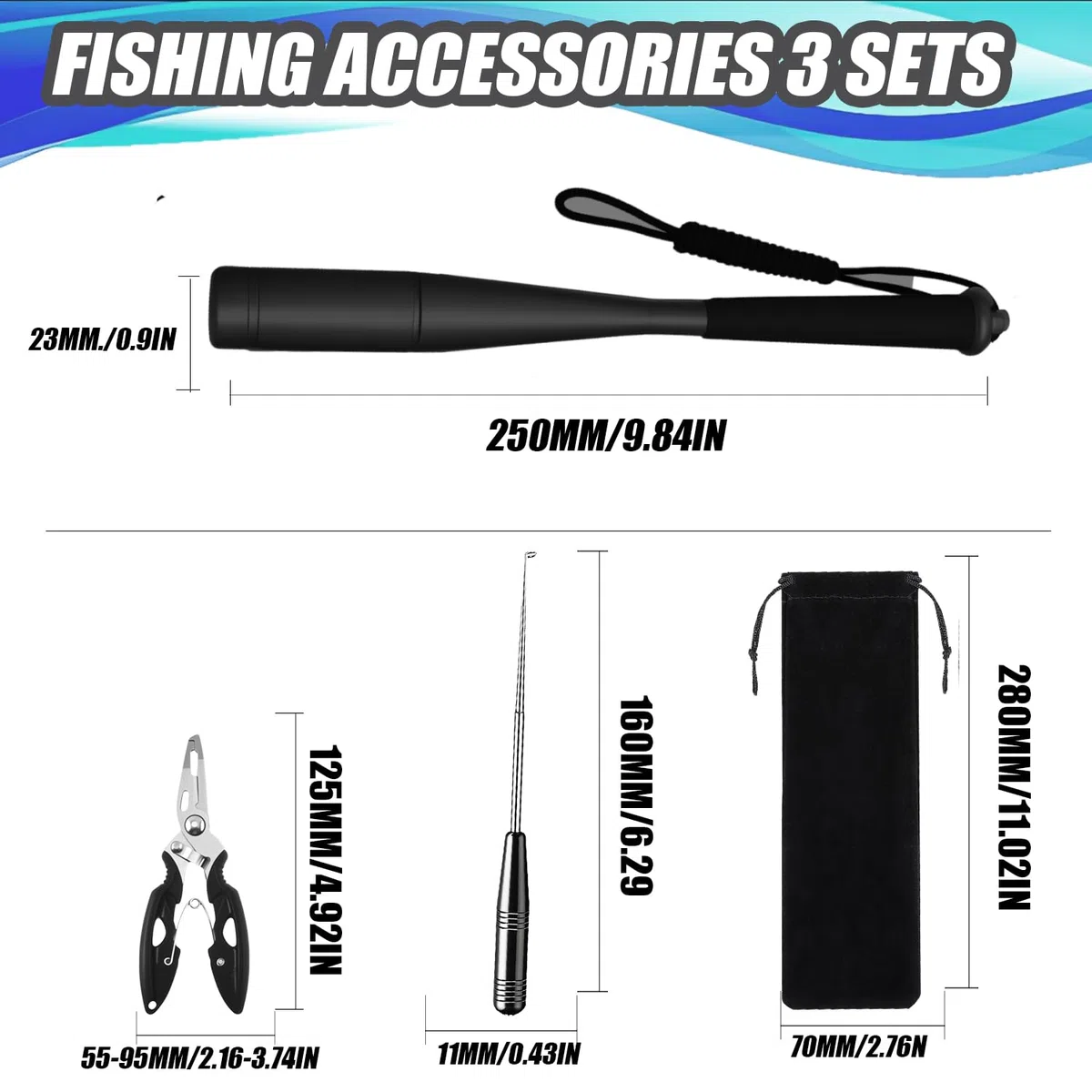 Pesca Accessori Set 3PCS Ammazza Pesci in Alluminio Bastone per Pescare Mazza da Pesca in Alluminio Slamatore Pesca Fishing Tool Set
