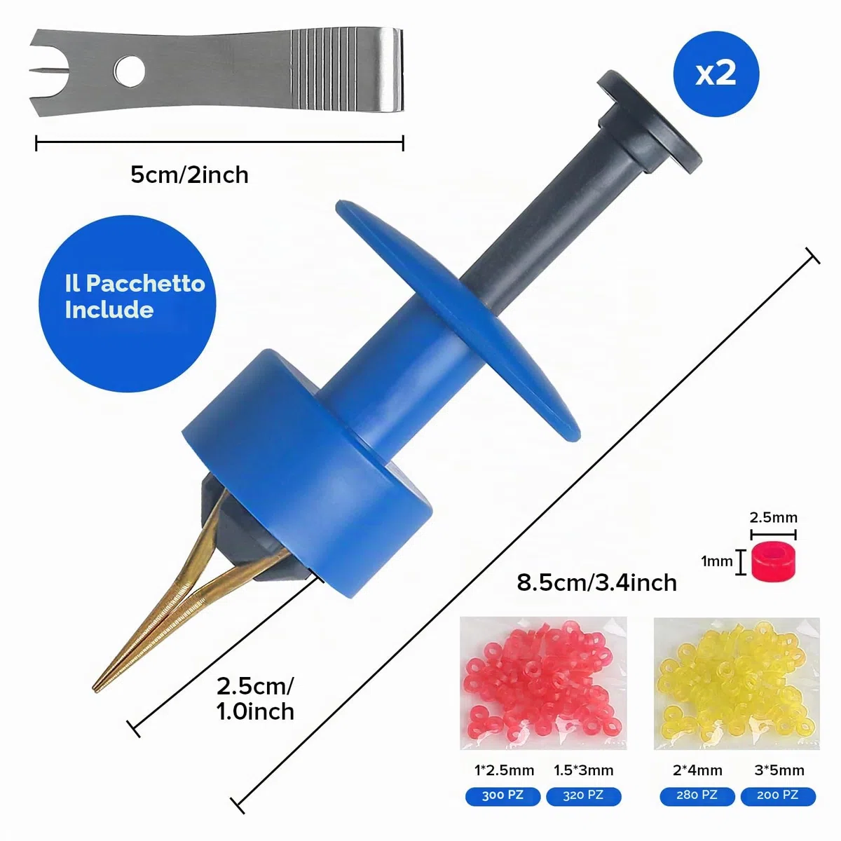 Realure 1100 Anelli con Micro Esche Rosse in Gomma Gialla, con 2 Pezzi di Pellet Bait Bander, Accessori da Pesca per Il Fissaggio Rapido di Esche, Pellet, Falena d'Api, Verme (Blu)