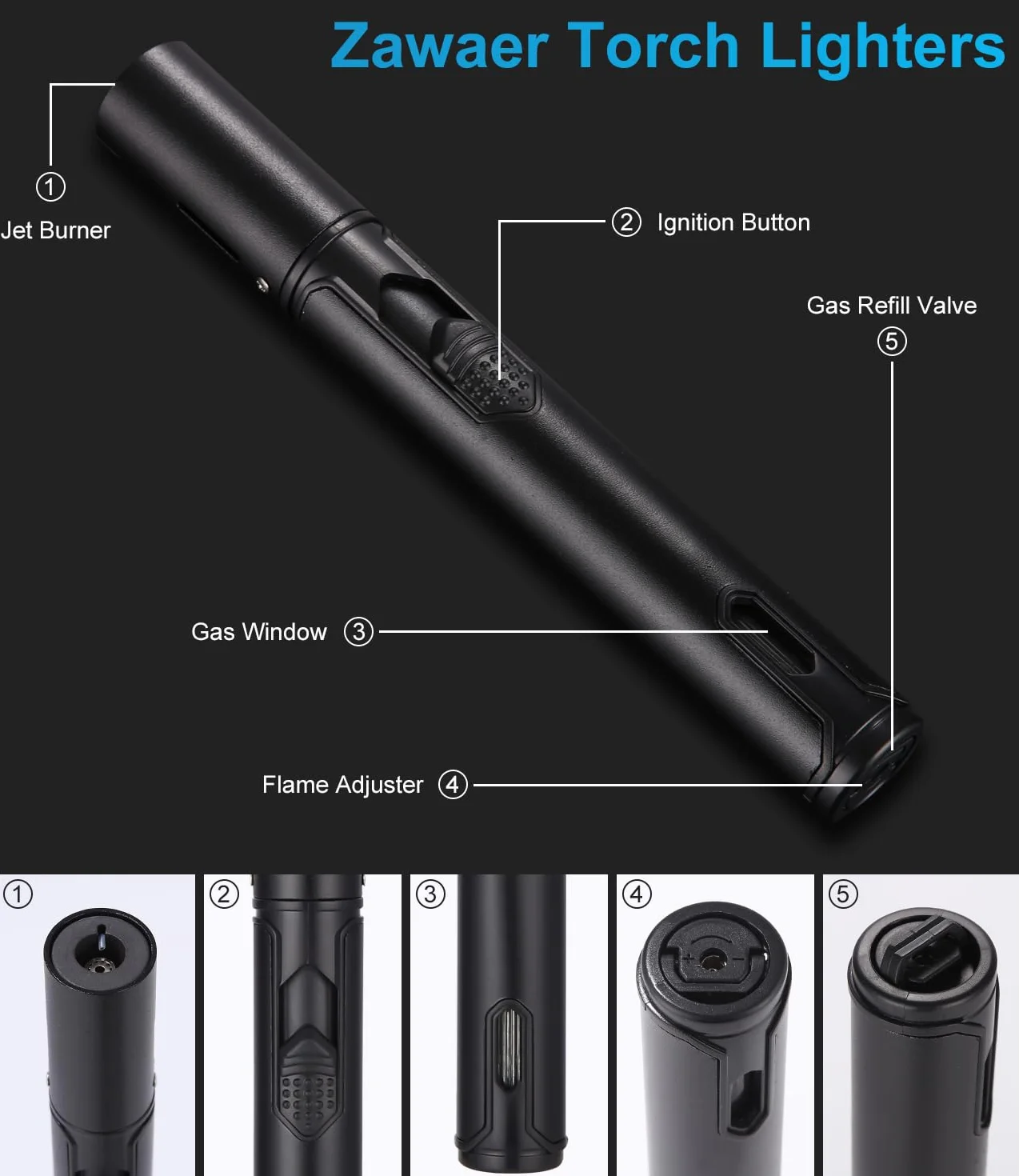 Zawaer Accendino a Gas Butano Antivento, Ricaricabile, Jet Flame Accendino a Fiamma Lunga per Cucina, Fuochi d'artificio, Campeggio, Barbecue, Camino, Regalo da Uomo (Senza Gas) (Nero)