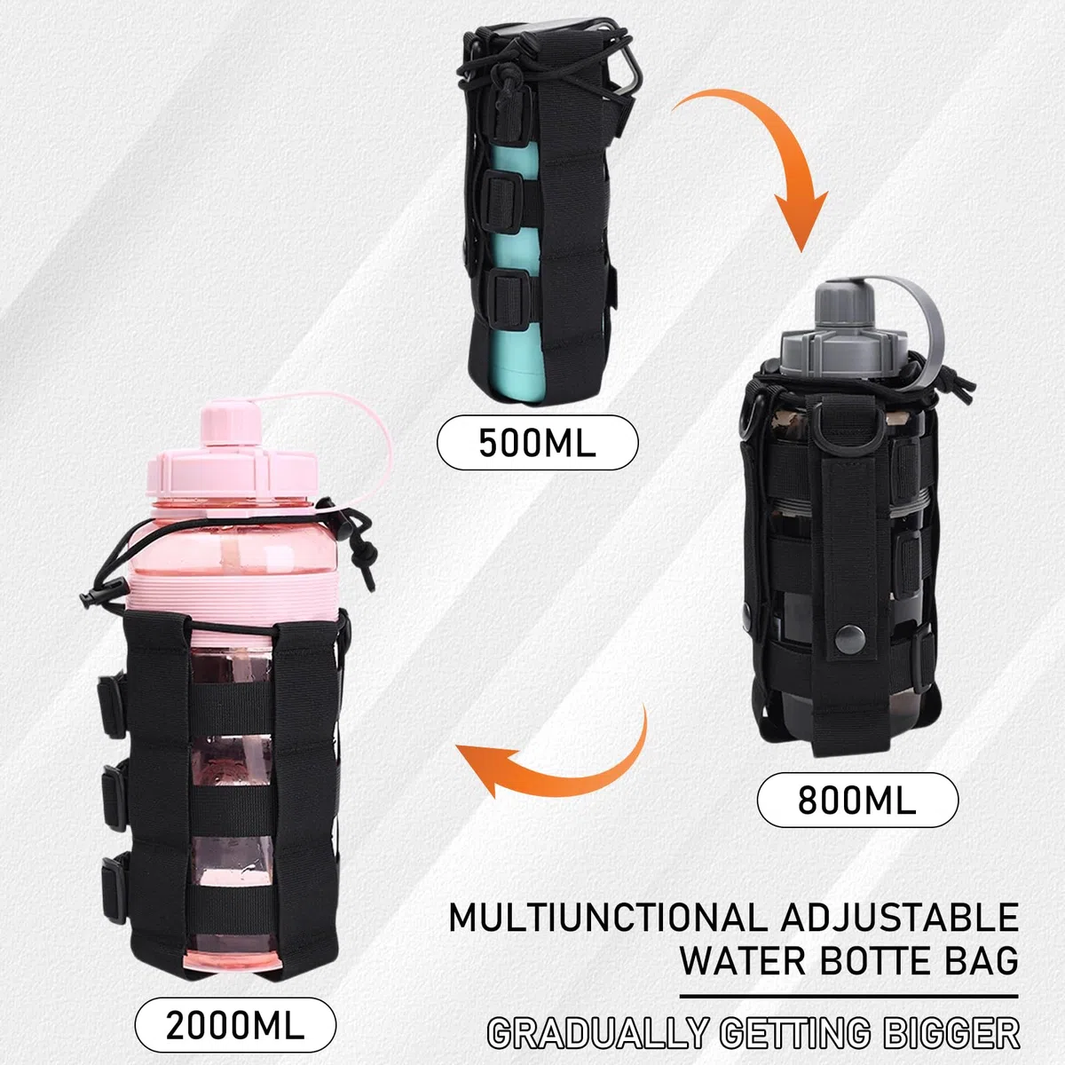 Colexy Portaborraccia Zaino,Regolabile Porta Borraccia Zaino,Nylon con Coulisse, Adatto per Escursioni All'Aria Aperta, Campeggio, Trekking (Nero)